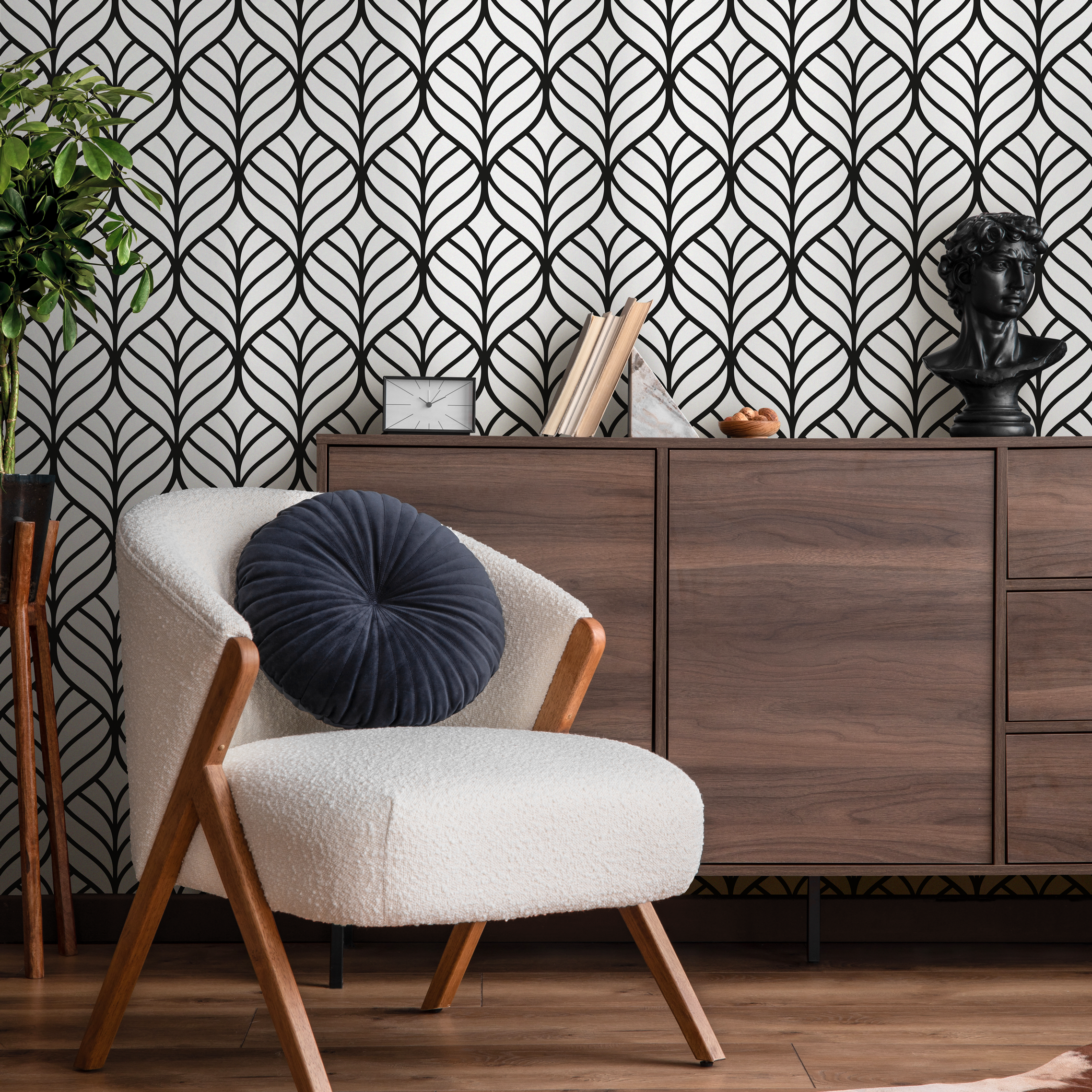 Geometric Wallpaper With A Stylized Leaf Motif In Black And White - D972