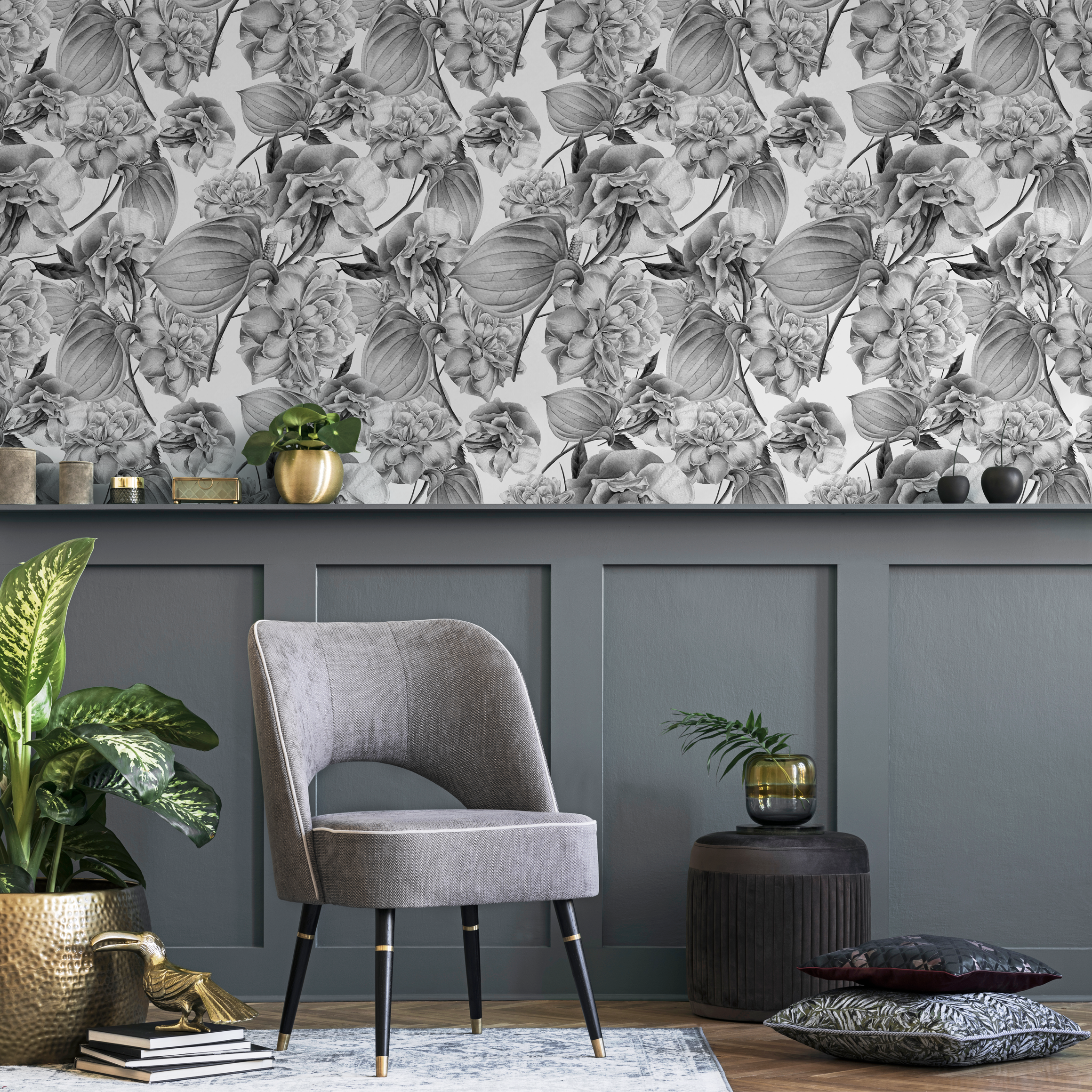 Botanical Wallpaper With A Vintage Floral Sketch In Grayscale - D973