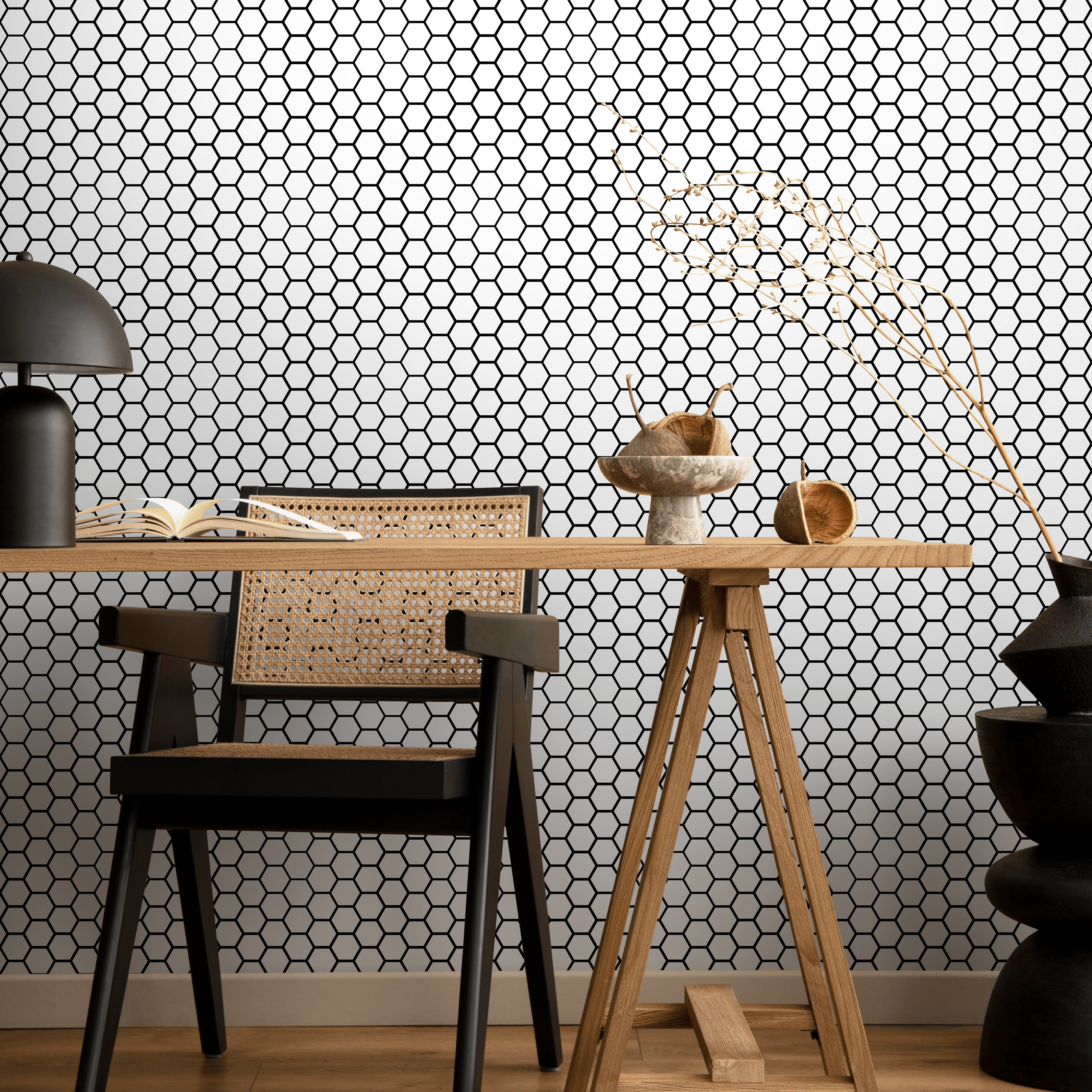 Geometric Wallpaper With A Honeycomb Tile Motif In Black And White - D975