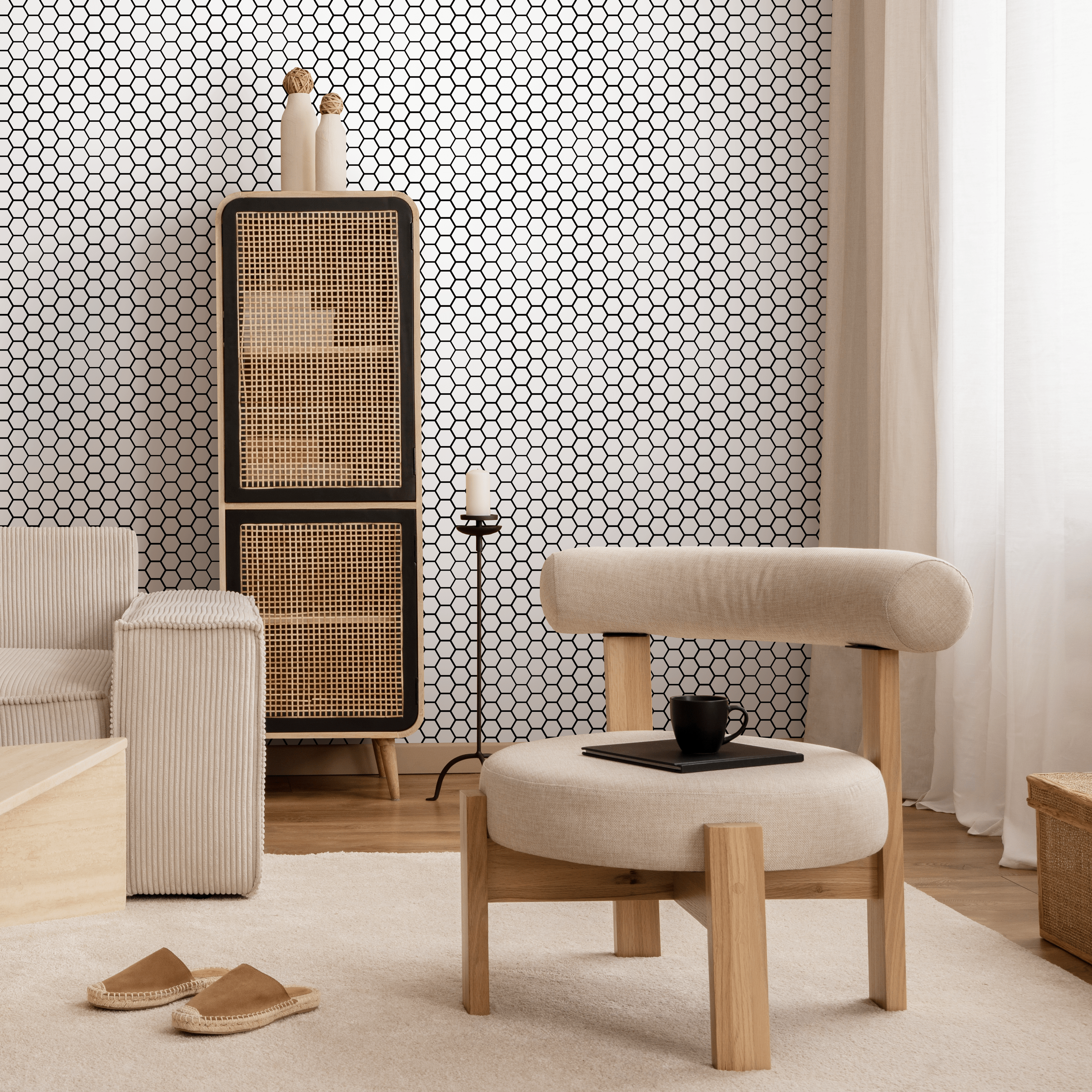 Geometric Wallpaper With A Honeycomb Tile Motif In Black And White - D975