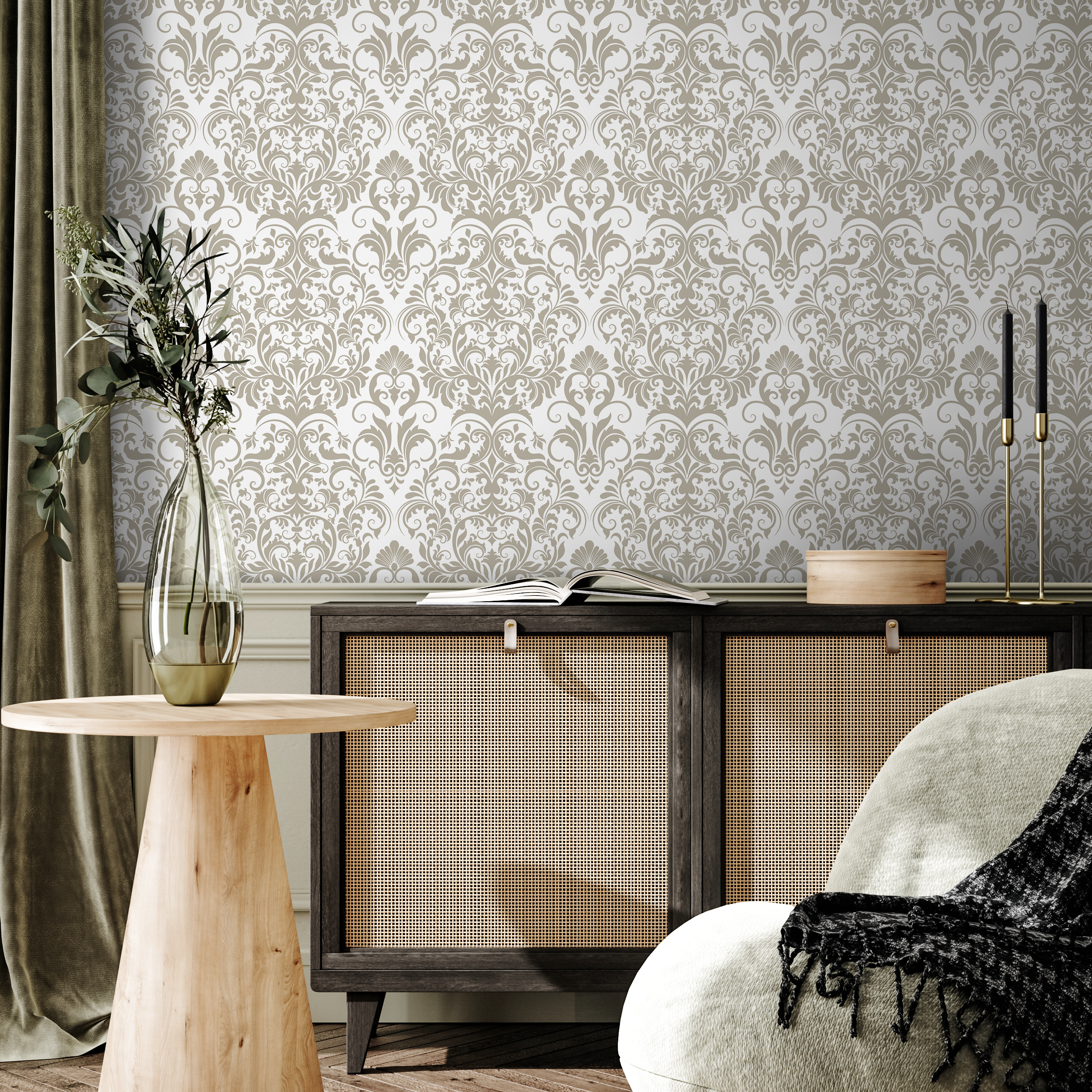 Damask Wallpaper With A Classic Victorian Motif In Neutral Beige - D976
