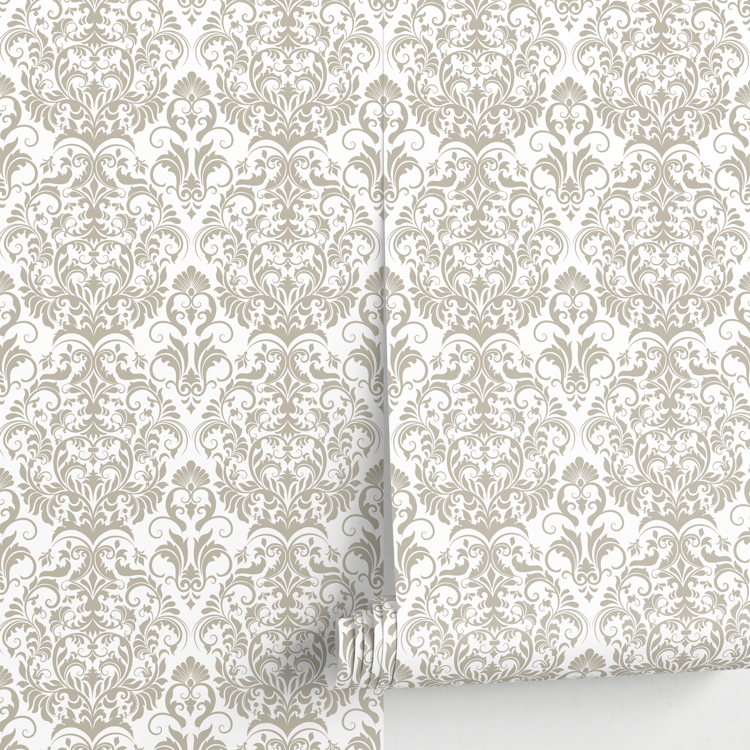 Damask Wallpaper With A Classic Victorian Motif In Neutral Beige - D976
