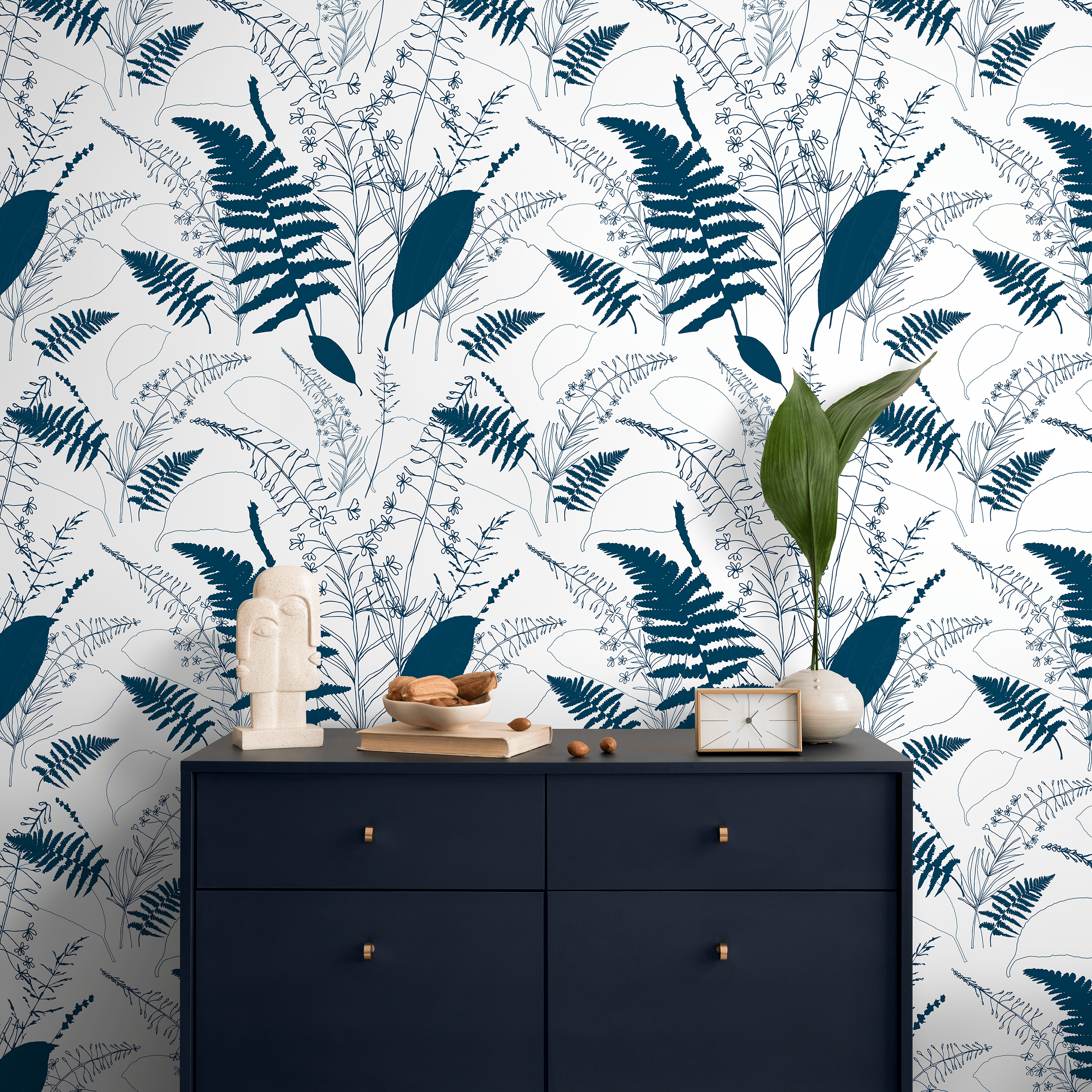 Scandinavian Wallpaper With A Wildflower And Fern Motif In Navy Blue - D977