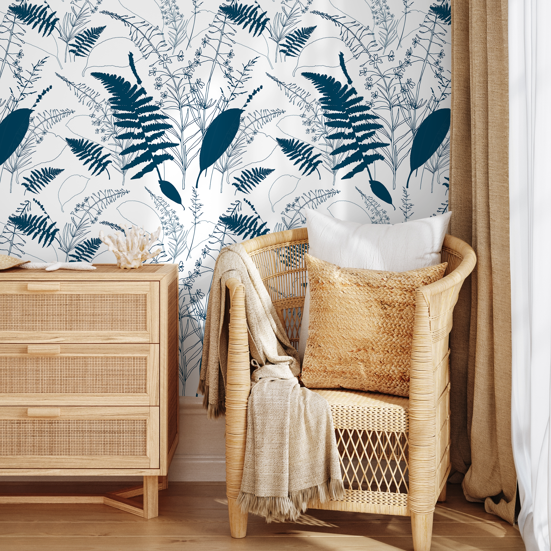 Scandinavian Wallpaper With A Wildflower And Fern Motif In Navy Blue - D977