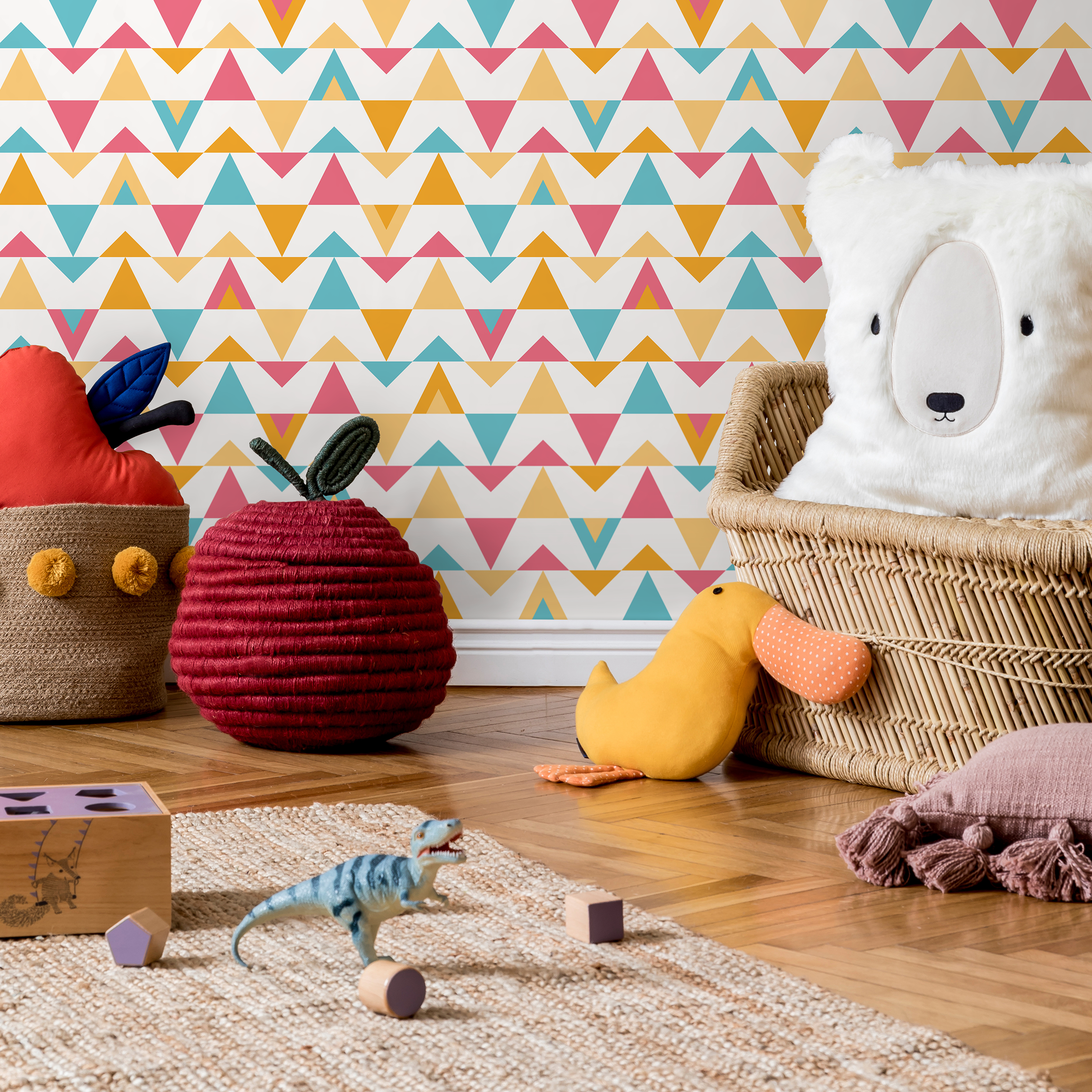 Geometric Wallpaper With A Triangle Pattern In Yellow, Pink, And Blue - D997