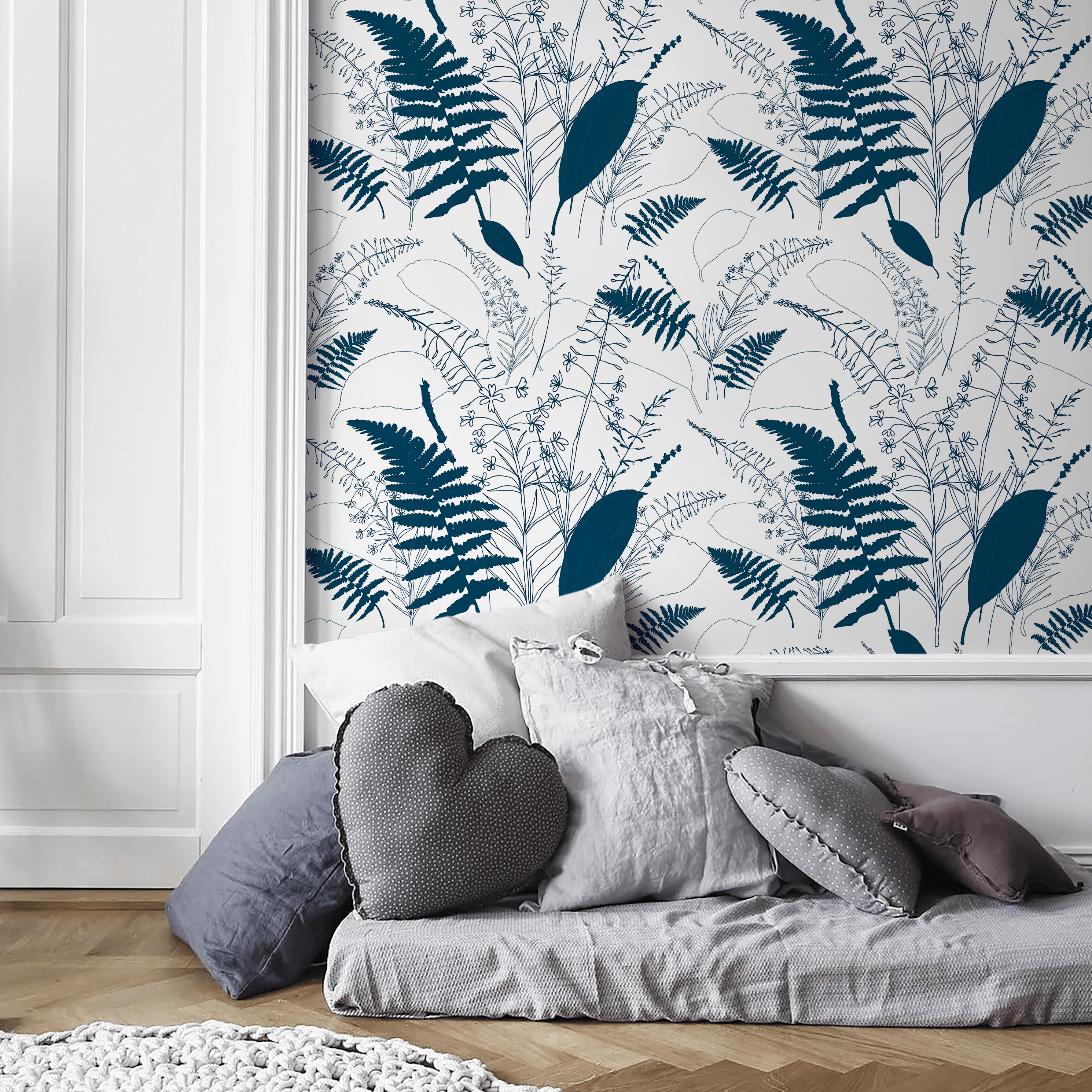 Scandinavian Wallpaper With A Wildflower And Fern Motif In Navy Blue - D977