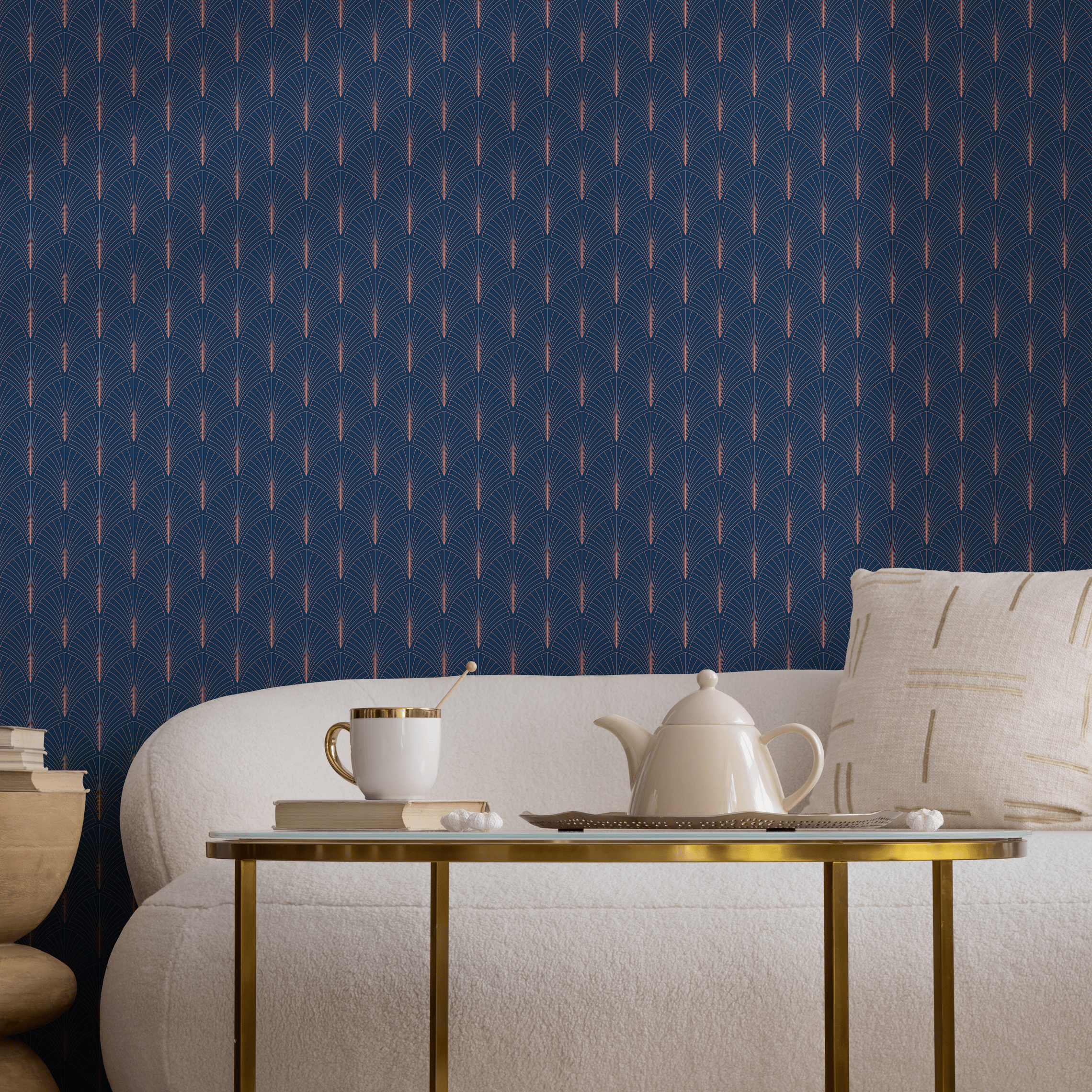 Art Deco Wallpaper With A Geometric Fan Motif In Navy Blue And Gold - D978