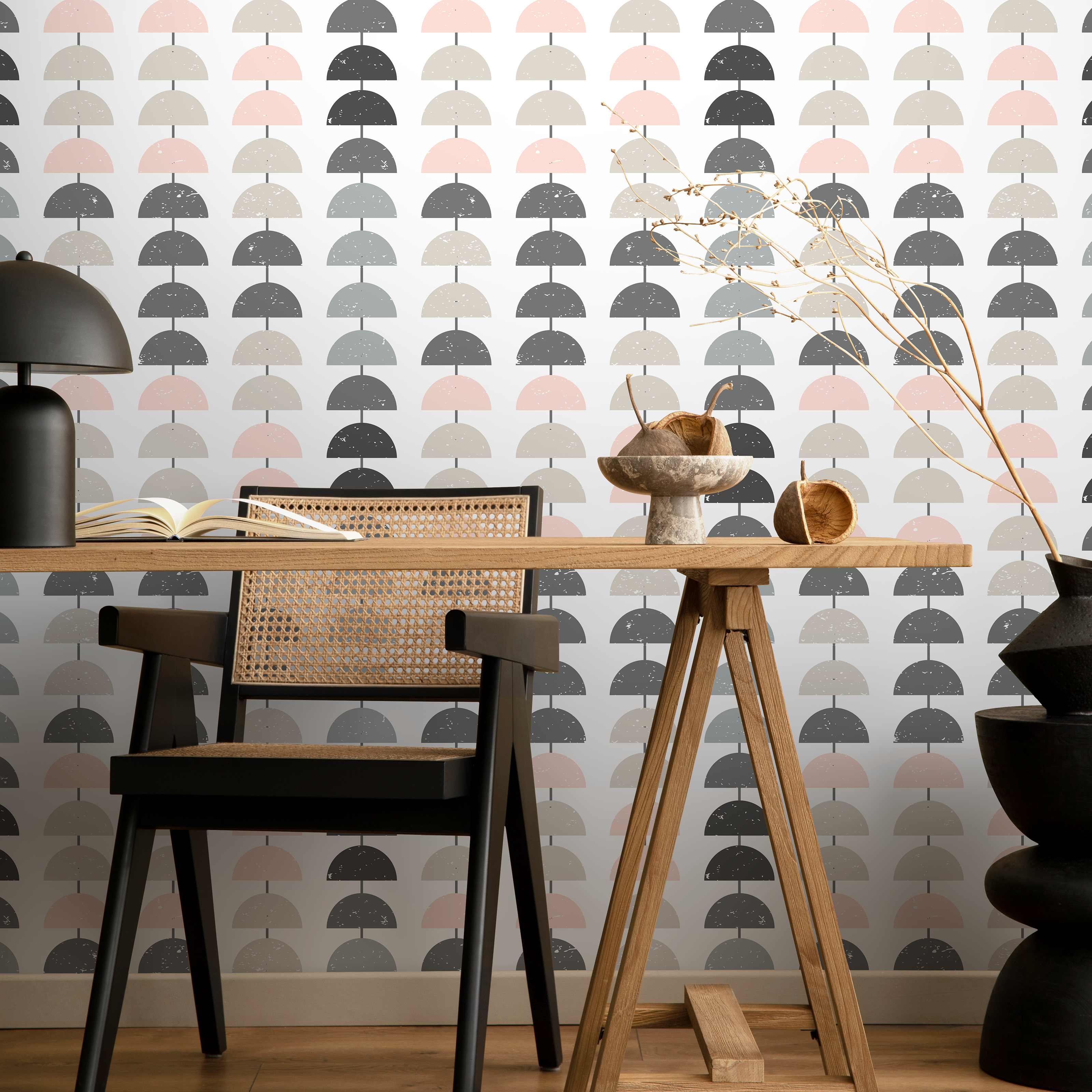 Geometric Wallpaper With A Stacked Semi-circle Motif In Pink, Gray, And Beige - D979