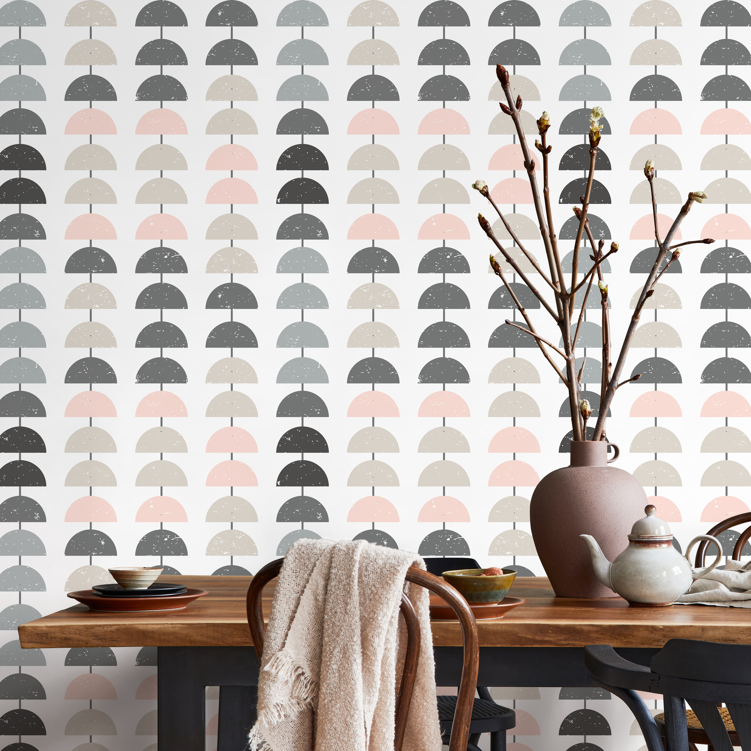 Geometric Wallpaper With A Stacked Semi-circle Motif In Pink, Gray, And Beige - D979