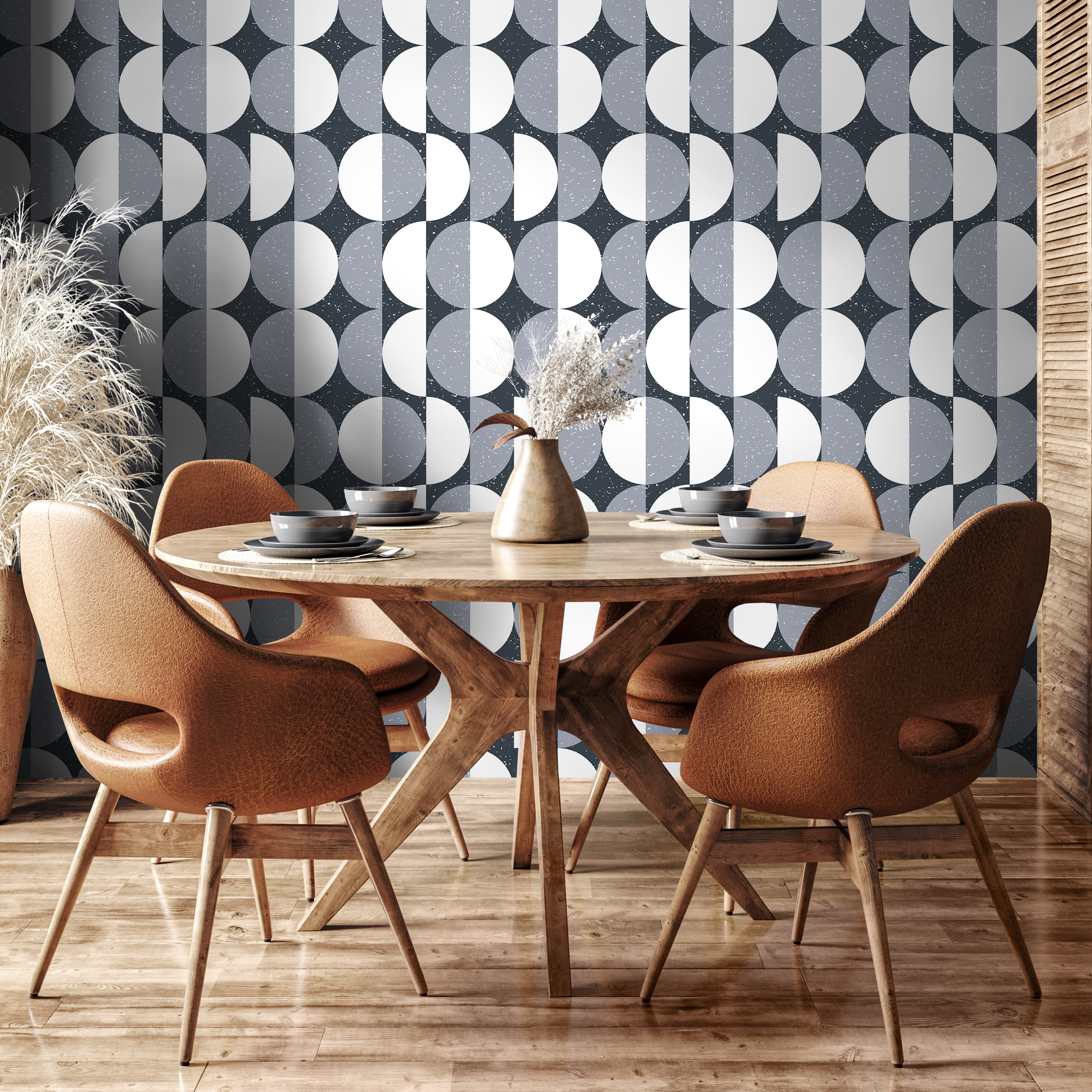 Geometric Wallpaper With A Scandinavian Circle Motif In Gray And White - D980