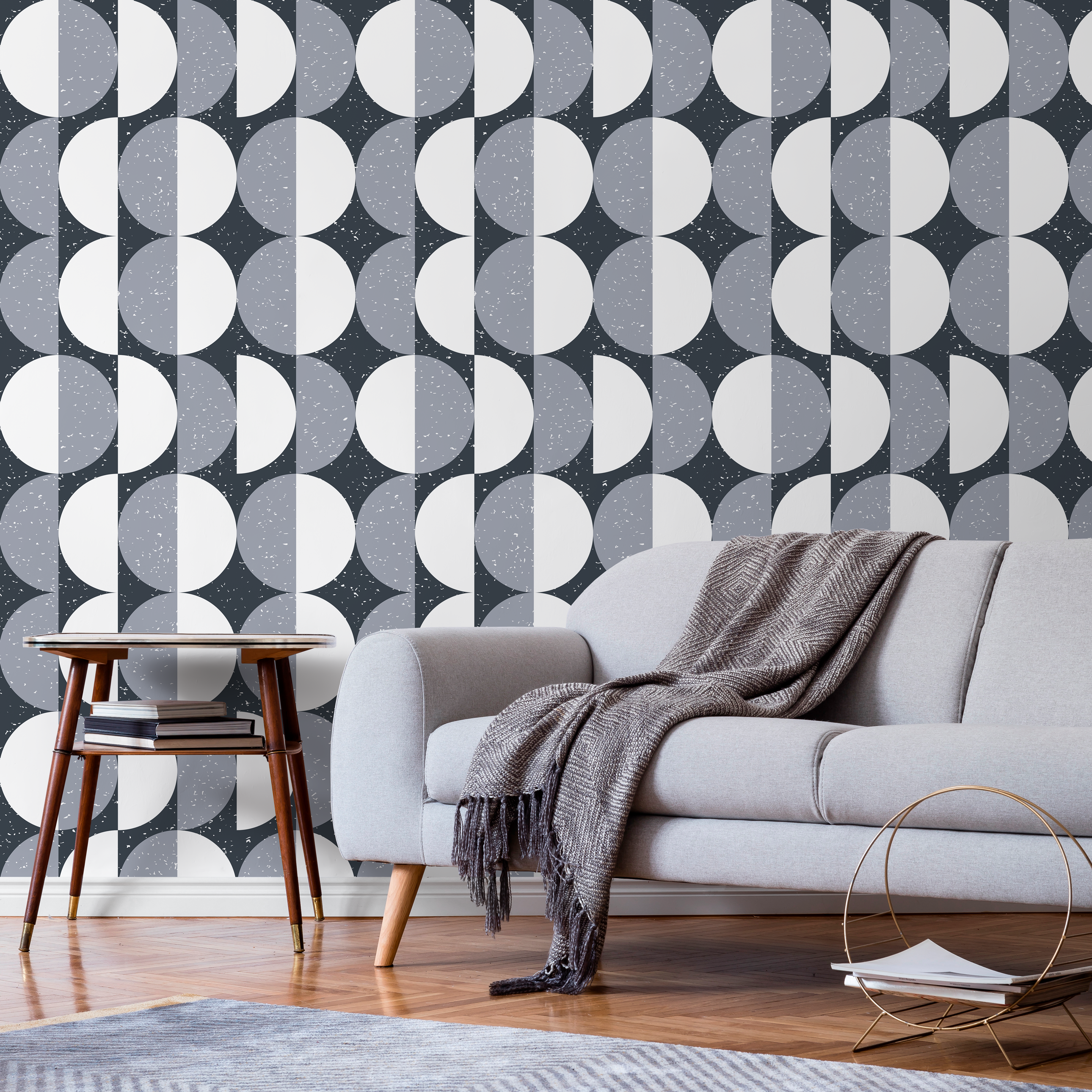 Geometric Wallpaper With A Scandinavian Circle Motif In Gray And White - D980