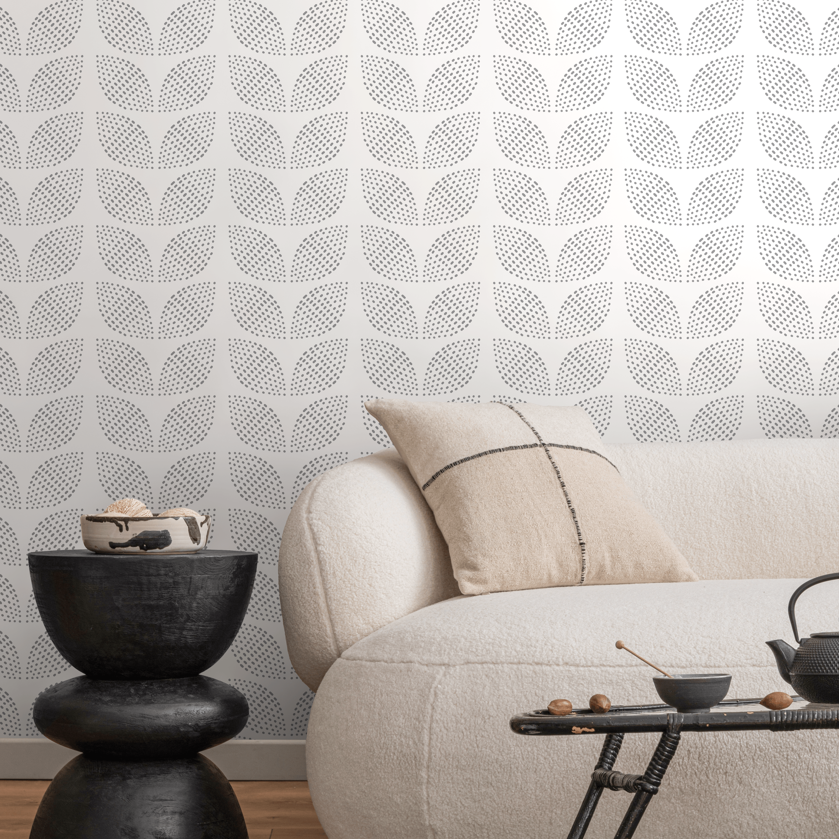 Scandinavian Wallpaper With Dotted Leaf Motifs In Gray - D983