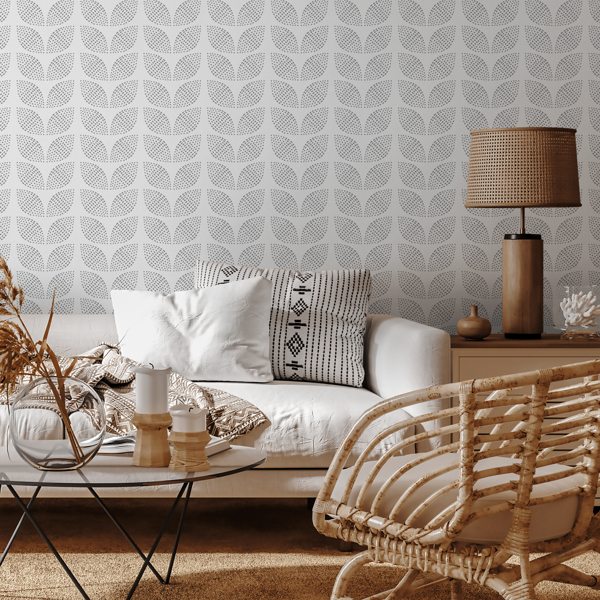 Scandinavian Wallpaper With Dotted Leaf Motifs In Gray - D983