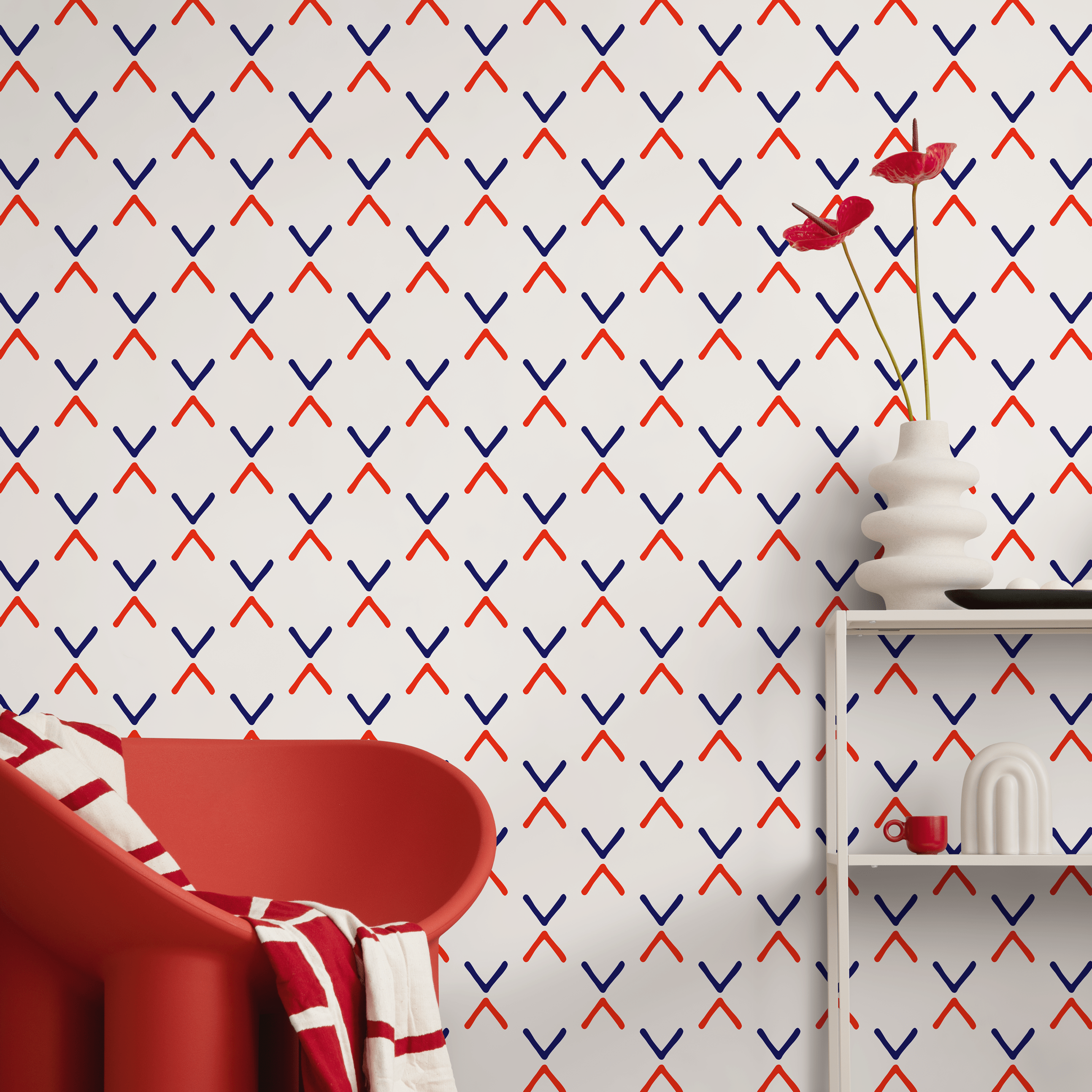 Geometric Wallpaper With A Minimalist Cross Motif In Red And Blue - D984