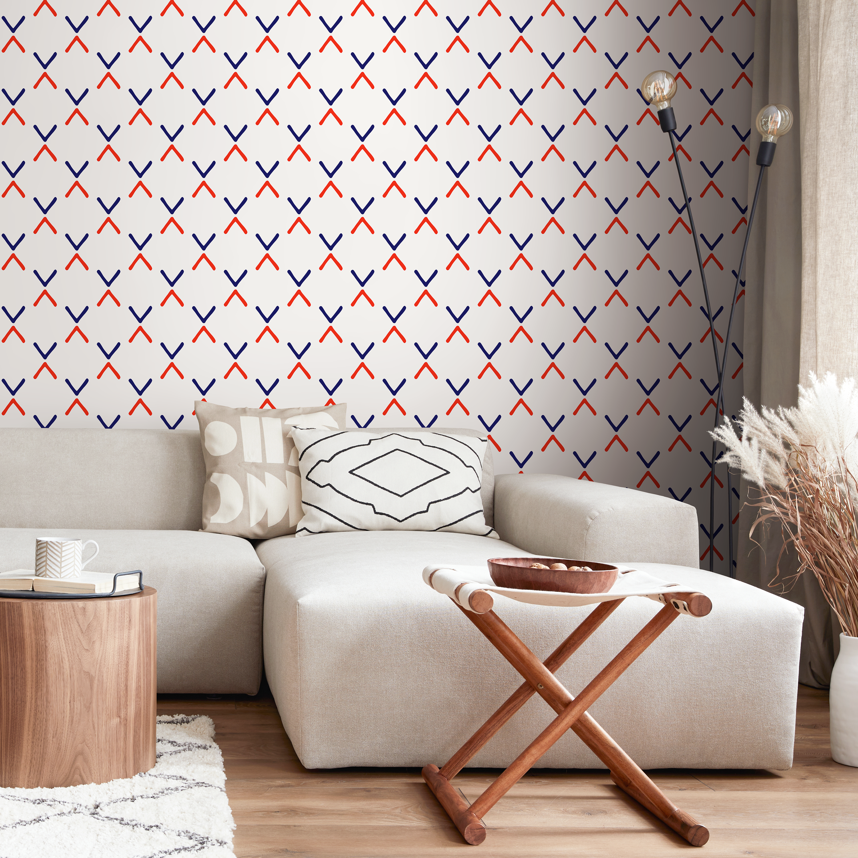 Geometric Wallpaper With A Minimalist Cross Motif In Red And Blue - D984