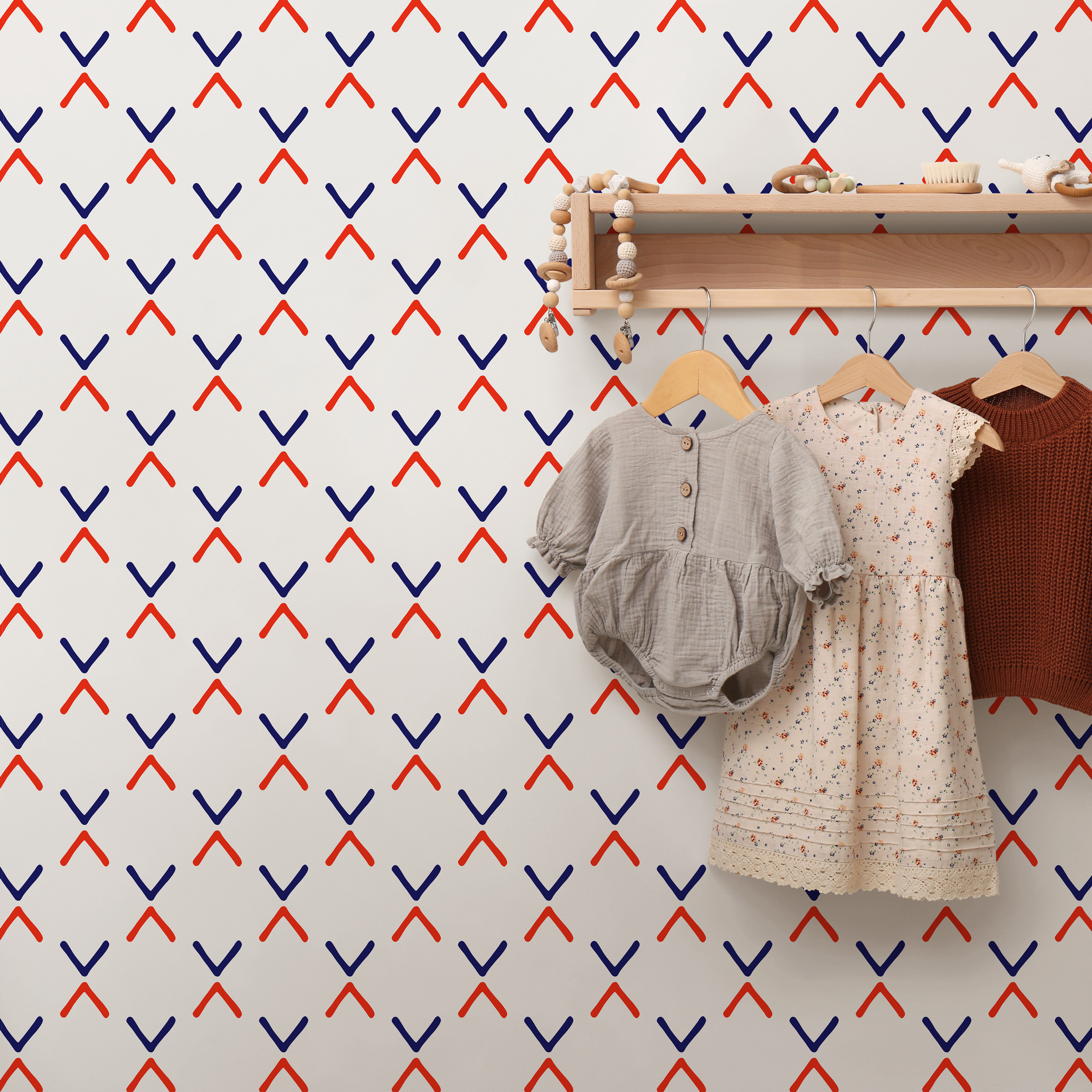 Geometric Wallpaper With A Minimalist Cross Motif In Red And Blue - D984