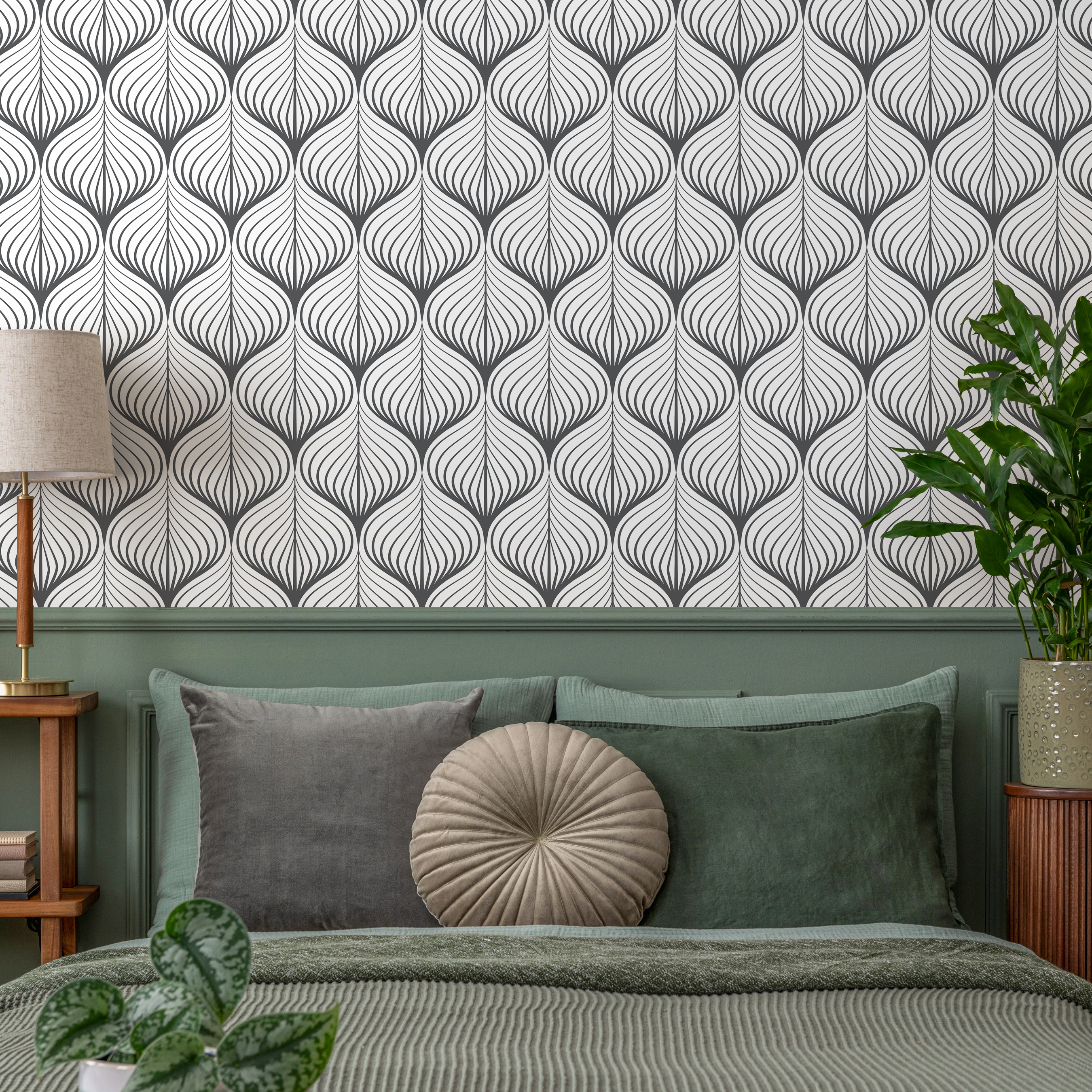 Art Deco Wallpaper With Rhythmic Curving Lines In Gray - D985