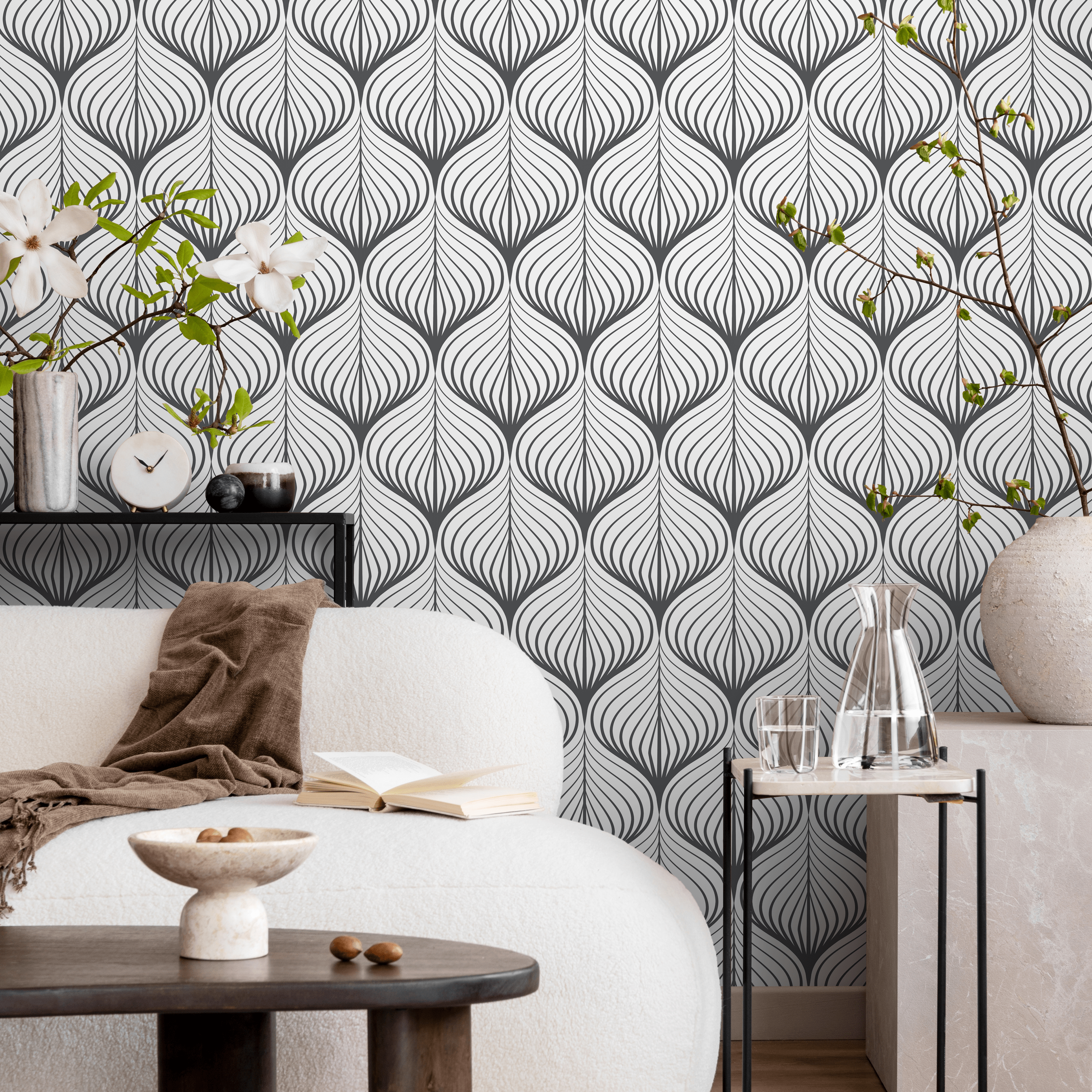 Art Deco Wallpaper With Rhythmic Curving Lines In Gray - D985