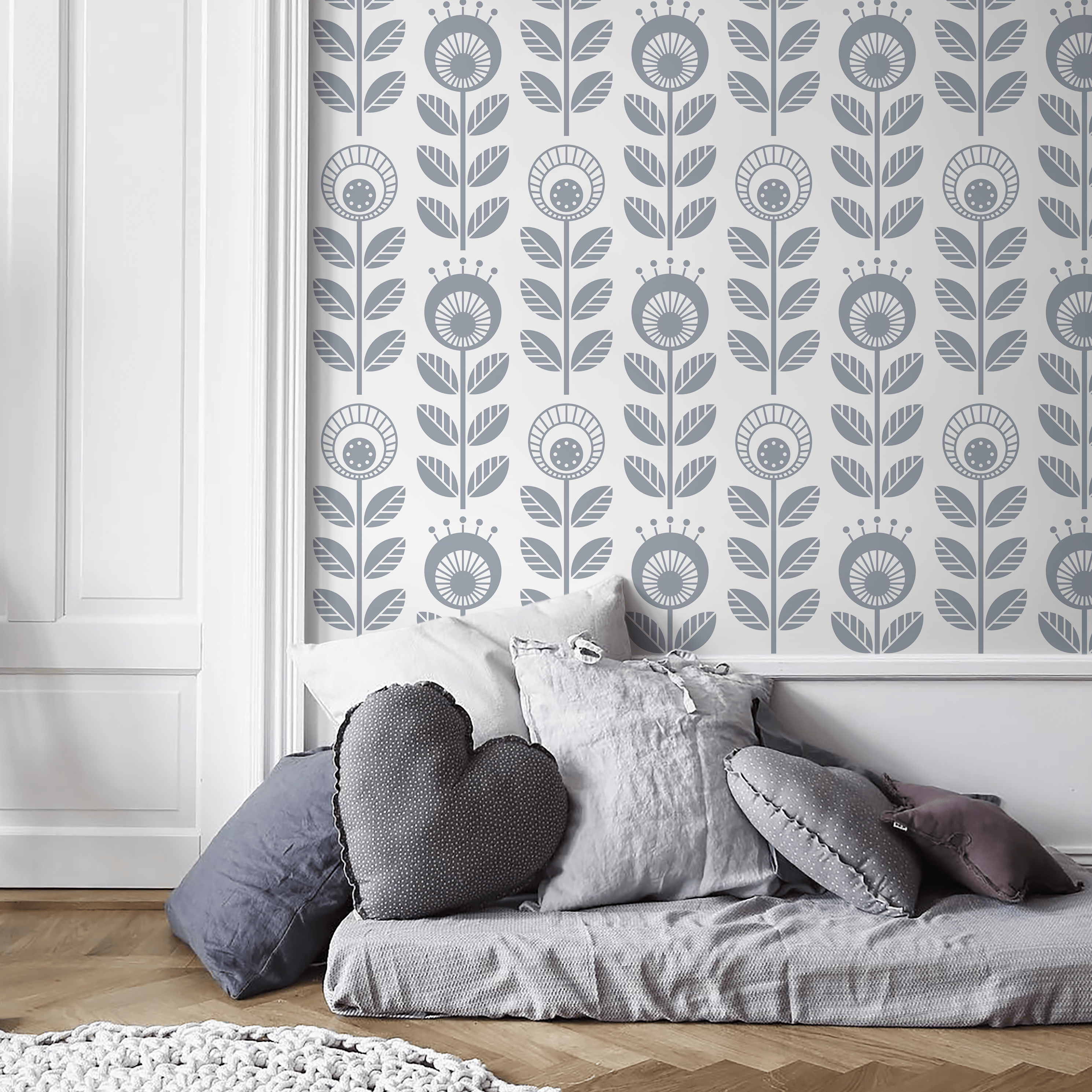 Scandinavian Wallpaper With A Stylized Folk Art Floral Motif In Gray - D988