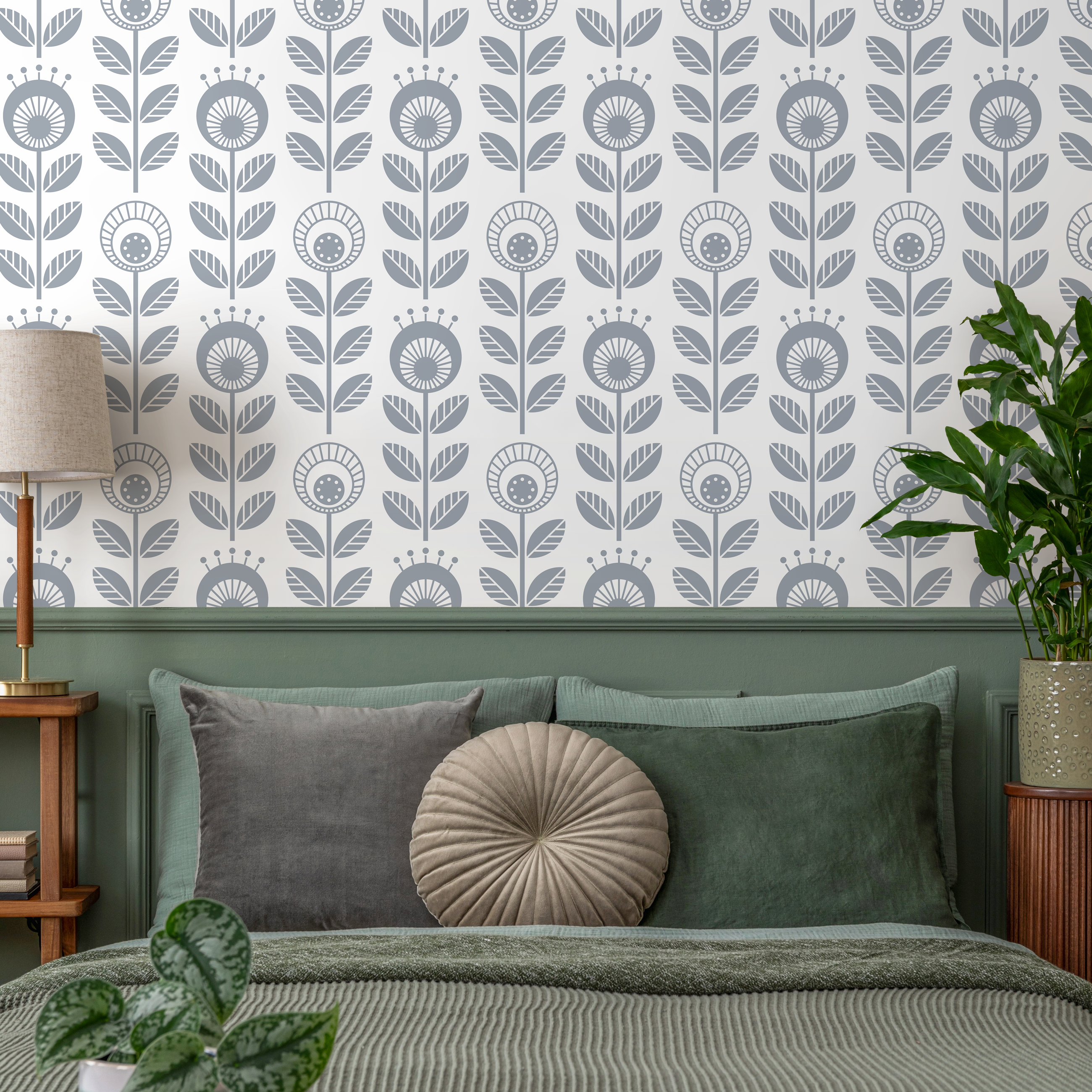 Scandinavian Wallpaper With A Stylized Folk Art Floral Motif In Gray - D988