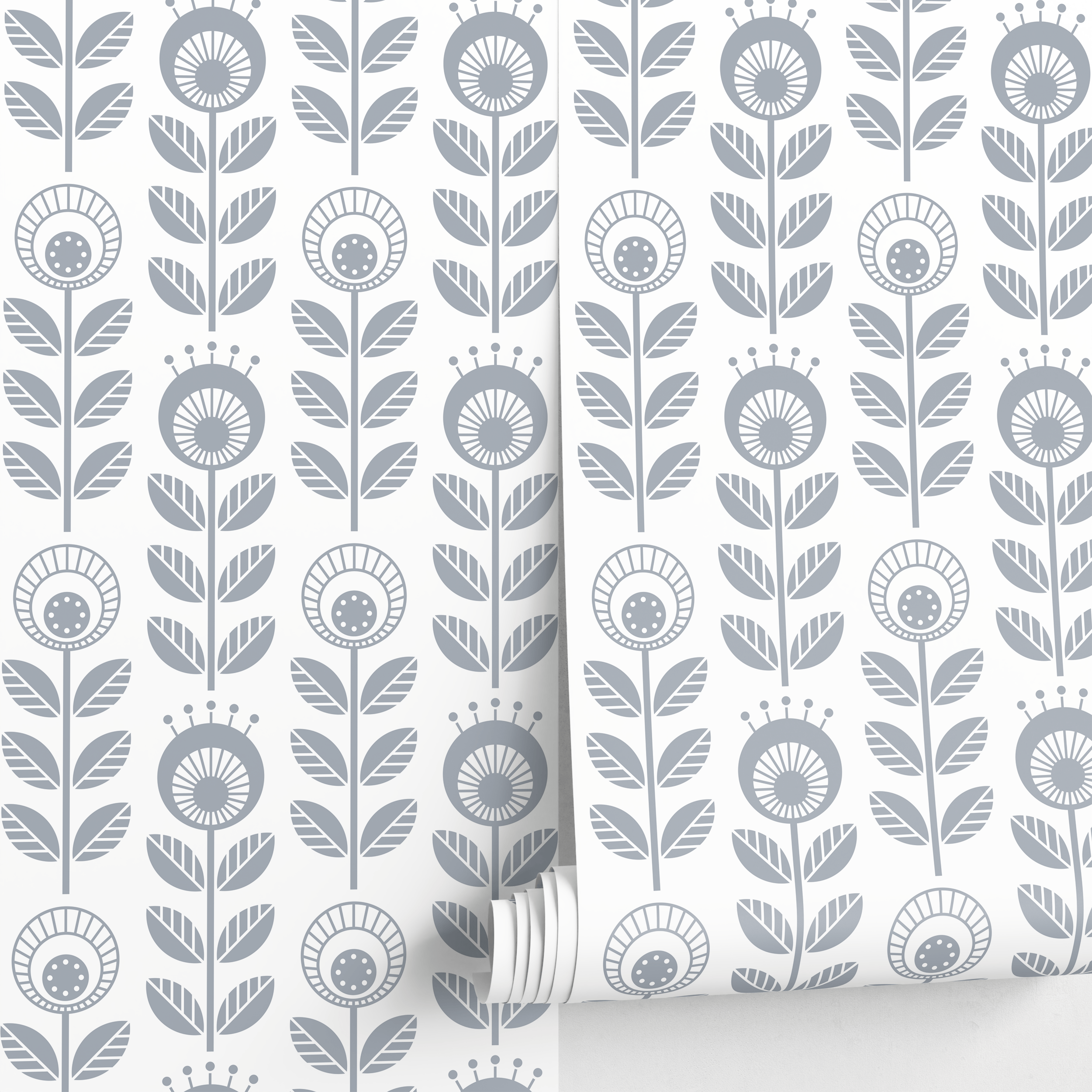 Scandinavian Wallpaper With A Stylized Folk Art Floral Motif In Gray - D988