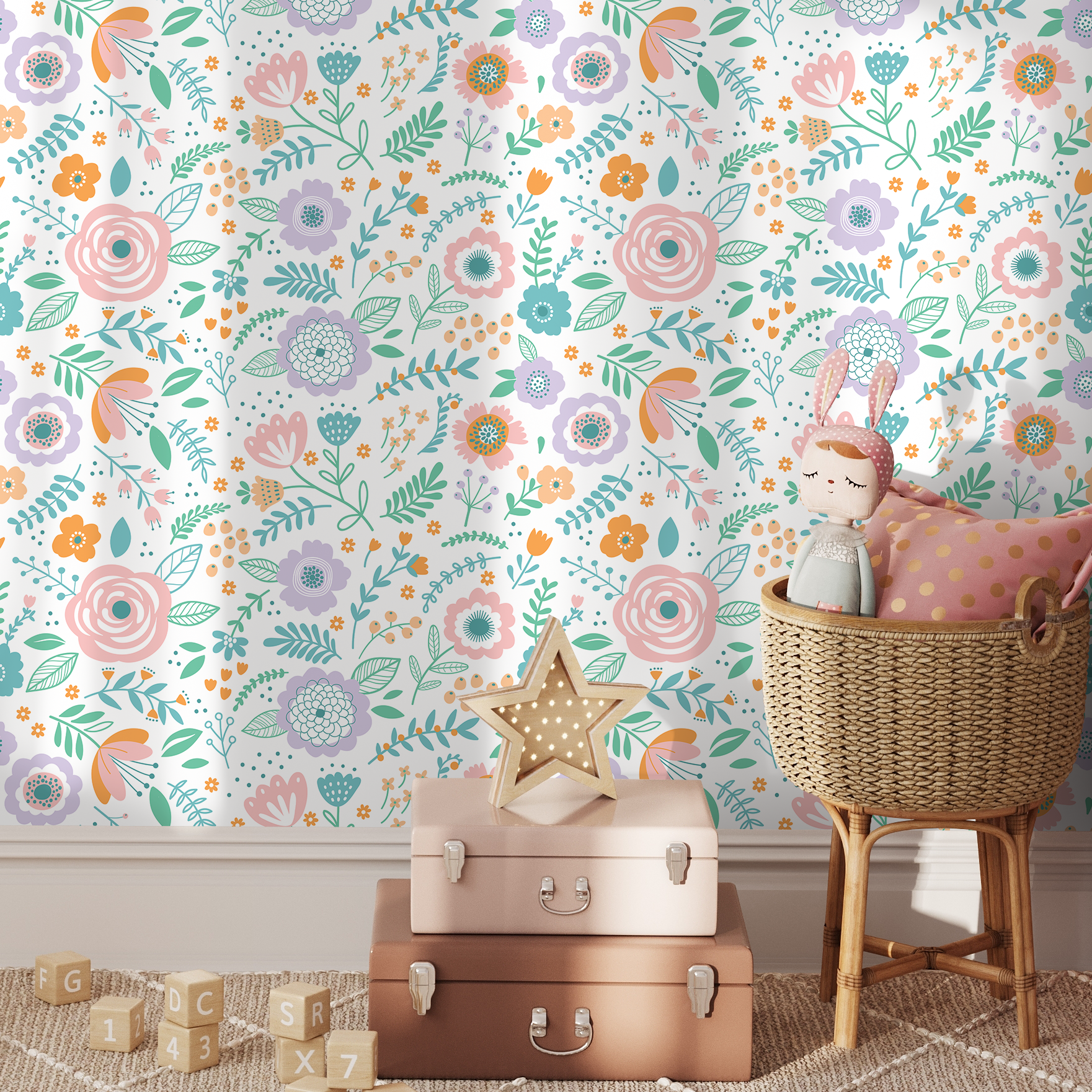 Floral Wallpaper With Stylized Meadow Flowers In Pink, Lavender, And Teal - D990