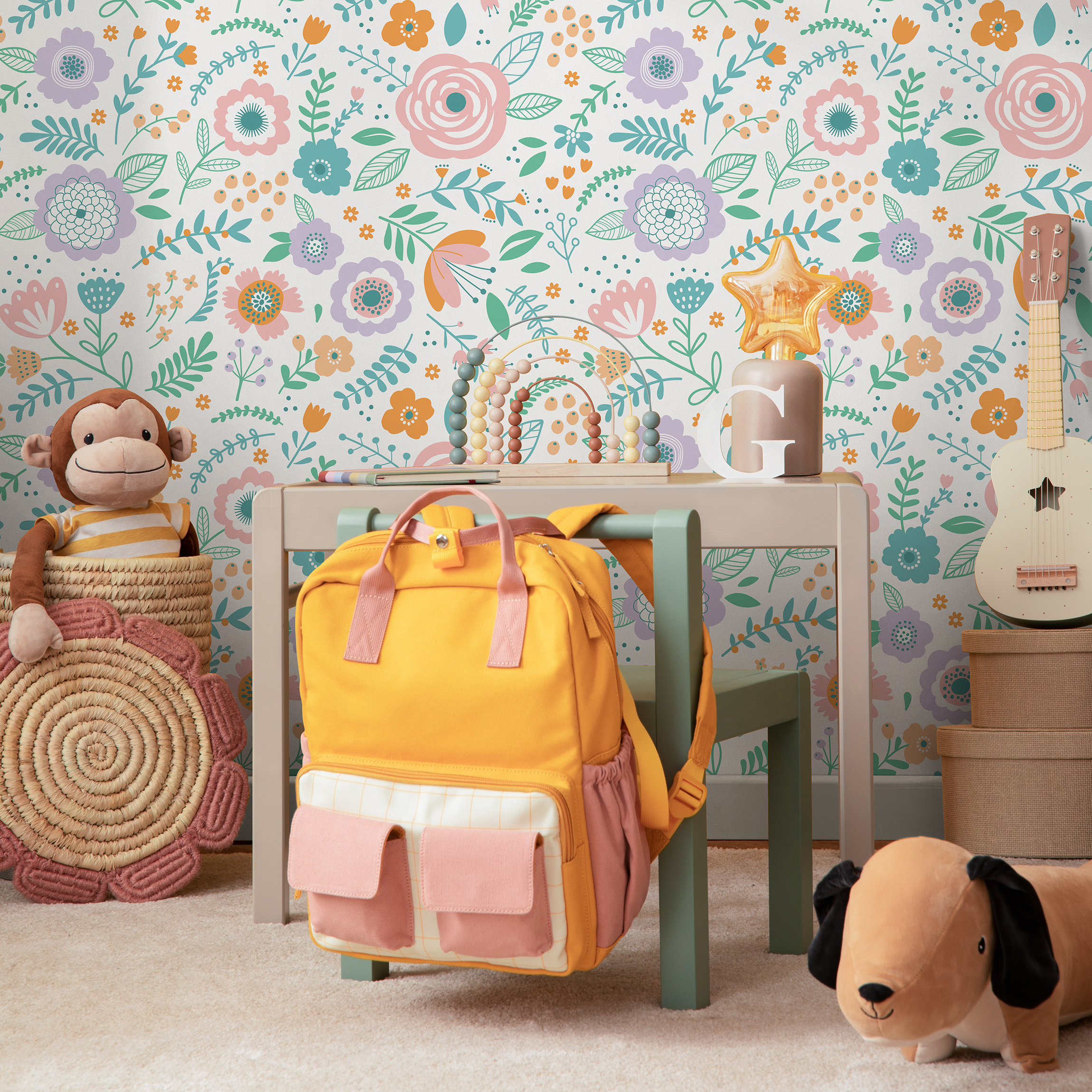 Floral Wallpaper With Stylized Meadow Flowers In Pink, Lavender, And Teal - D990