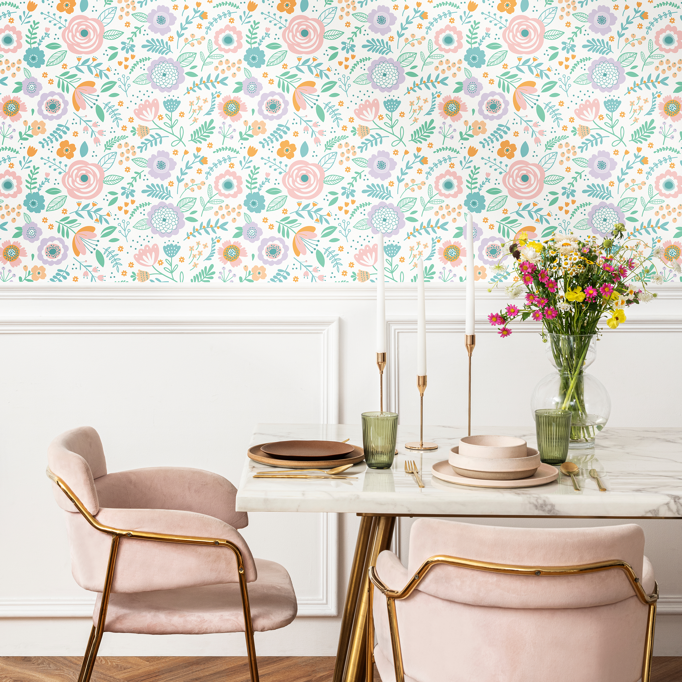 Floral Wallpaper With Stylized Meadow Flowers In Pink, Lavender, And Teal - D990