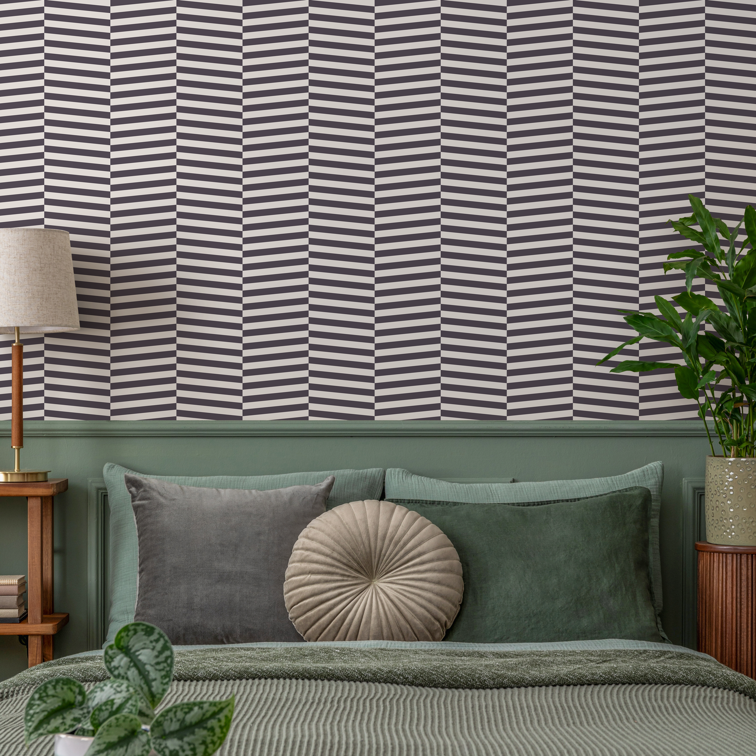 Geometric Wallpaper With An Optical Shifting Stripe Motif In Dark Gray And Beige - D996