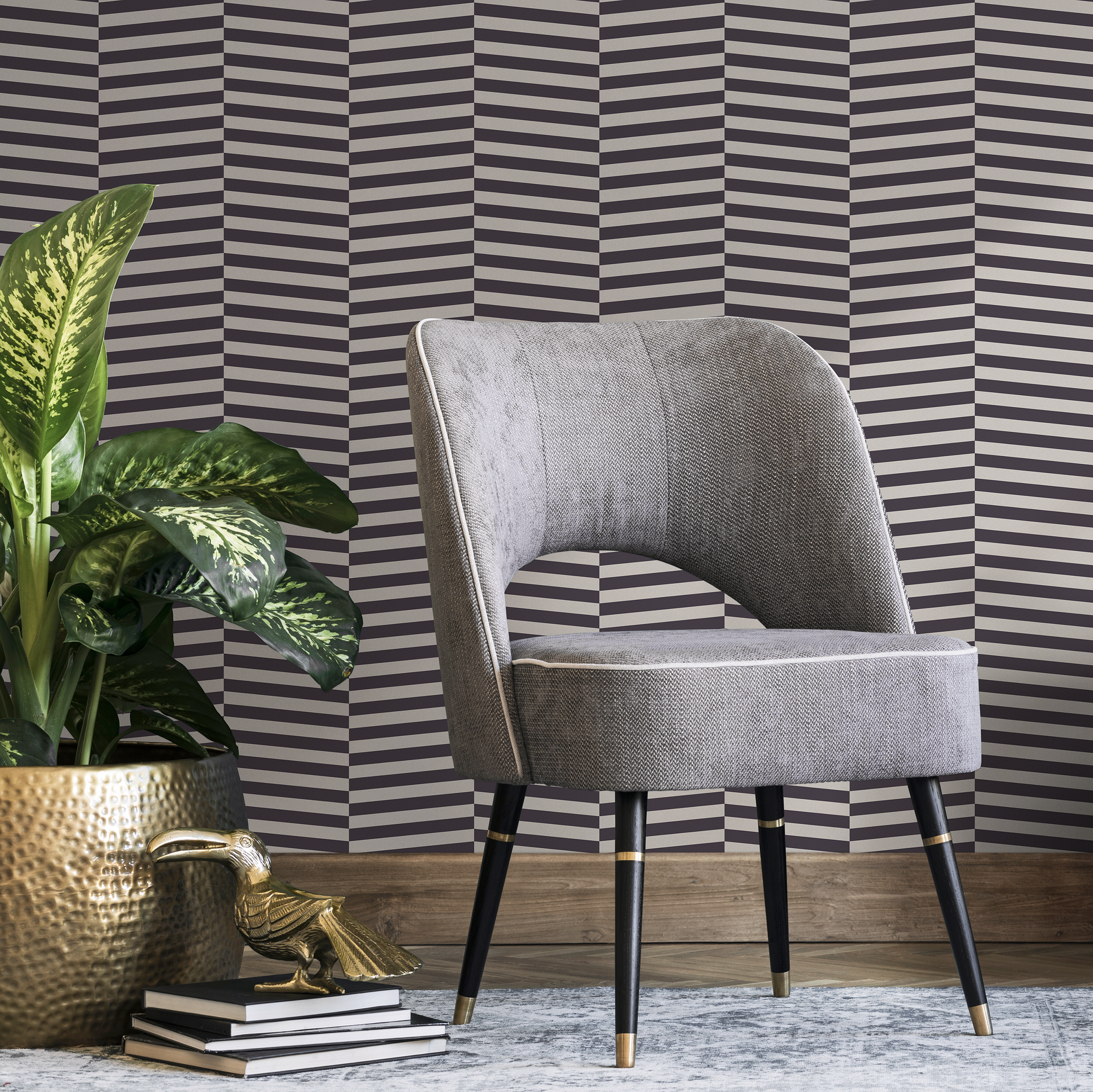 Geometric Wallpaper With An Optical Shifting Stripe Motif In Dark Gray And Beige - D996