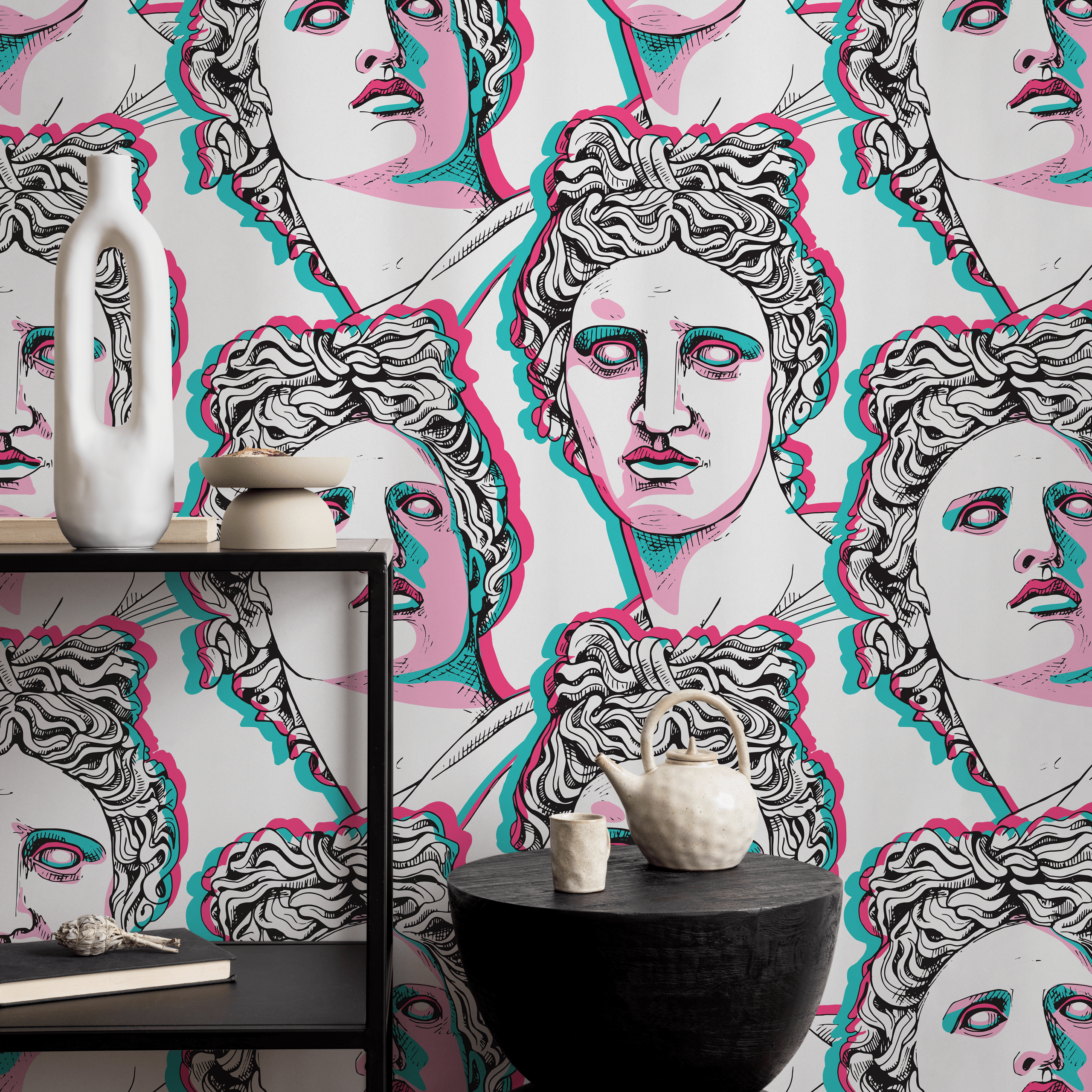 Classical Art Wallpaper With A Pop Art Glitch Effect In Pink, Cyan, And Black - D998