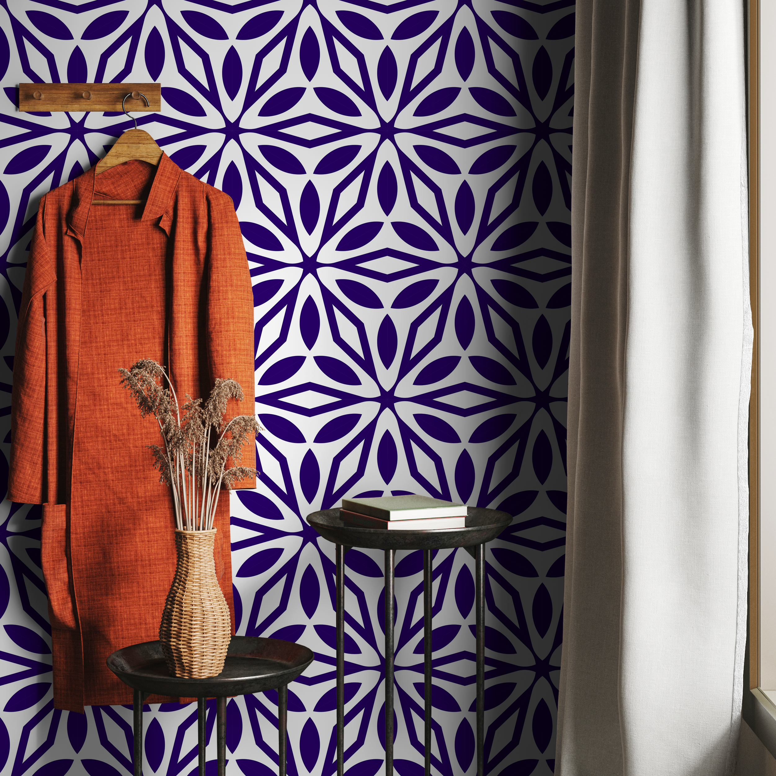 Geometric Wallpaper With A Repeating Starburst Motif In Purple - D999