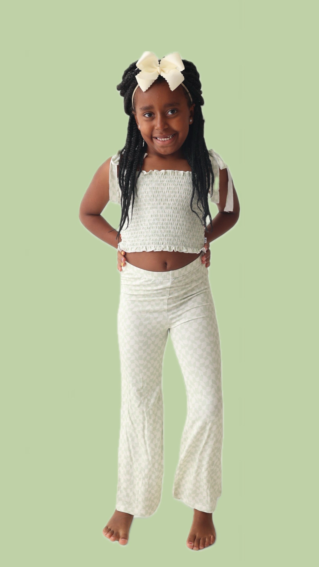 Sage Wavy Checkers Dream Smocked Flare Set