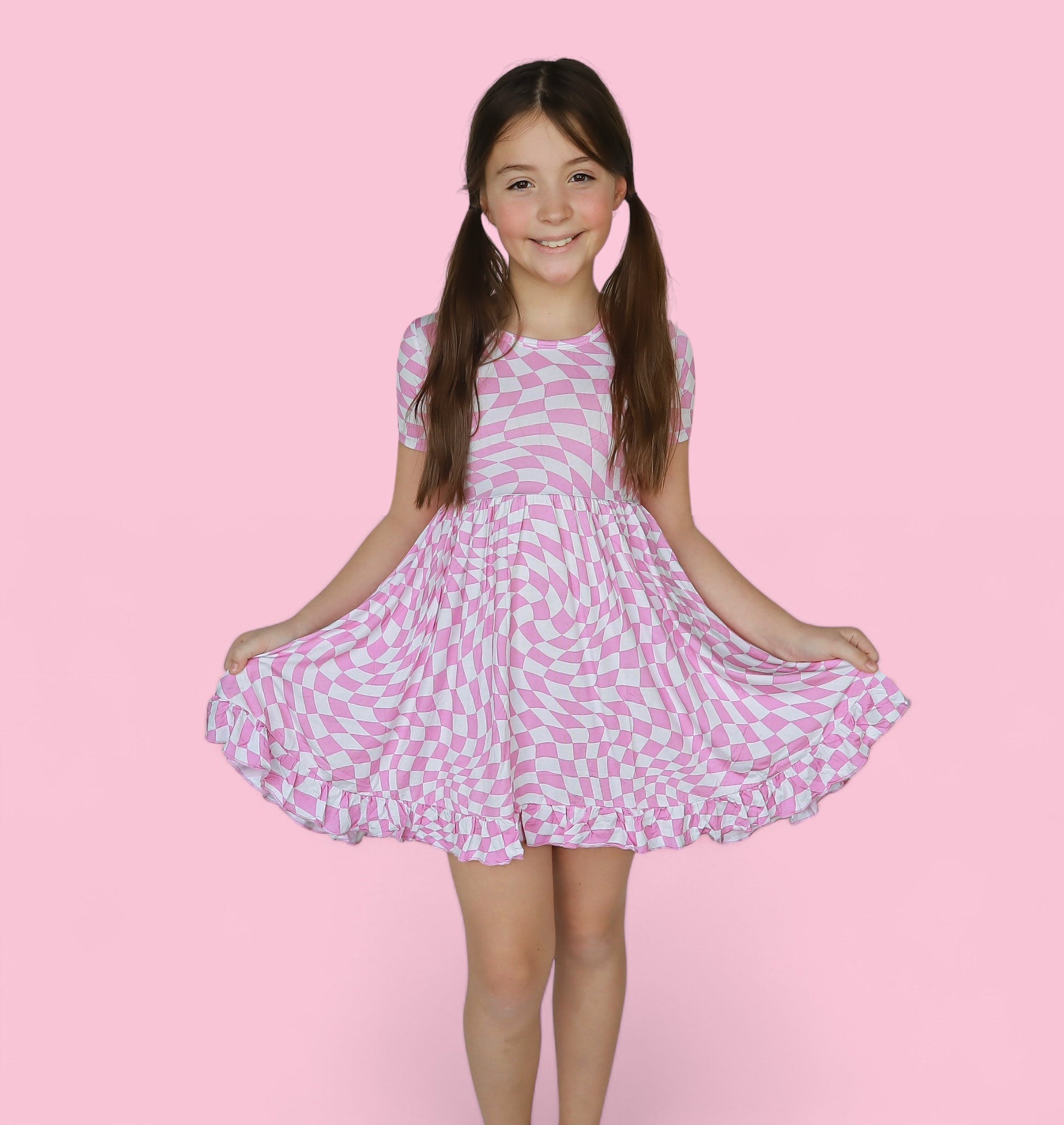 Bubblegum Wavy Checkers Dream Ruffle Dress