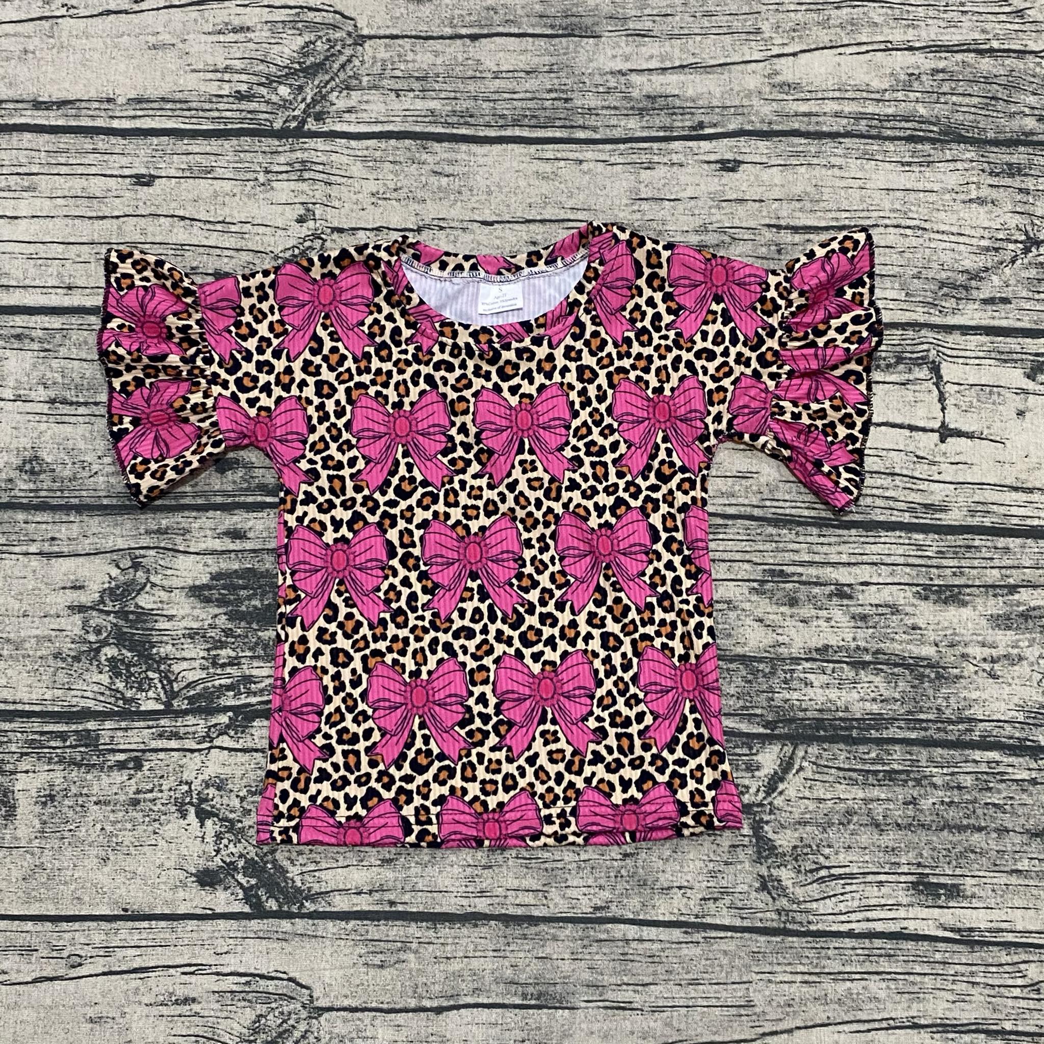 Leopard Bow Ribbed Ruffle Top