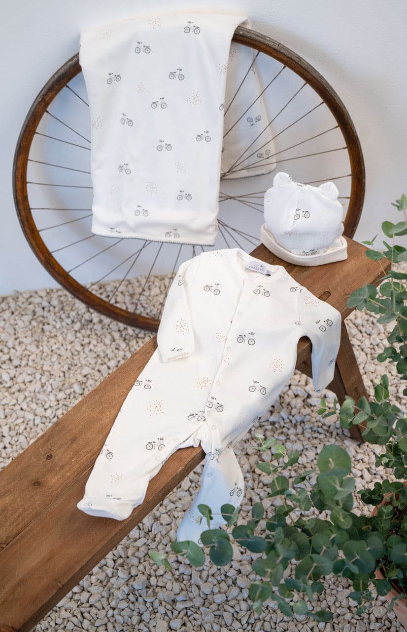 Sam | Boys Ivory Cotton Vintage Bike Babysuit Set