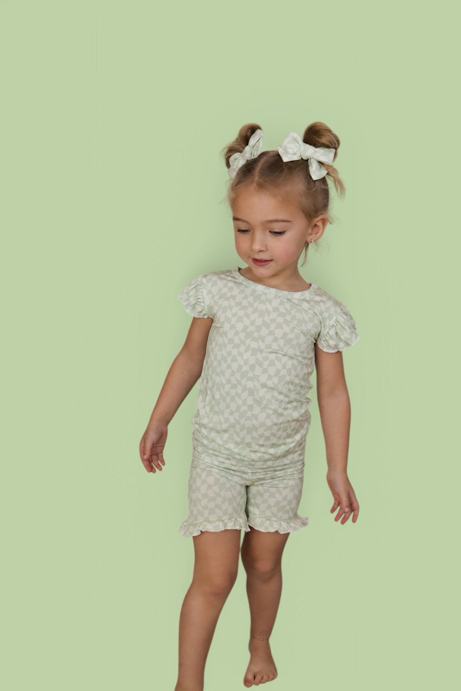 Sage Wavy Checkers Dream Ruffle Short Set