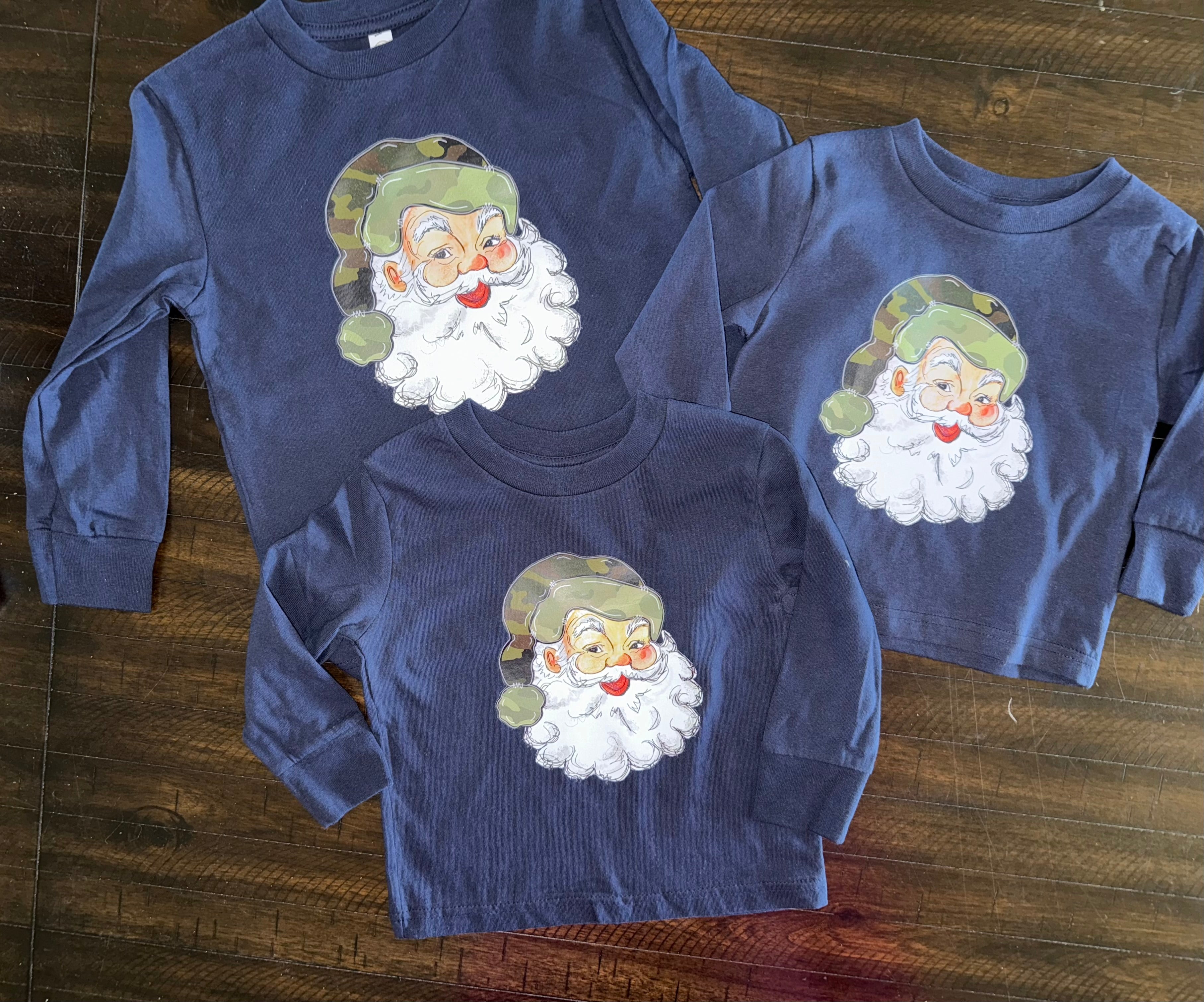 Santa With Camo Hat Navy Long Sleeve Tee