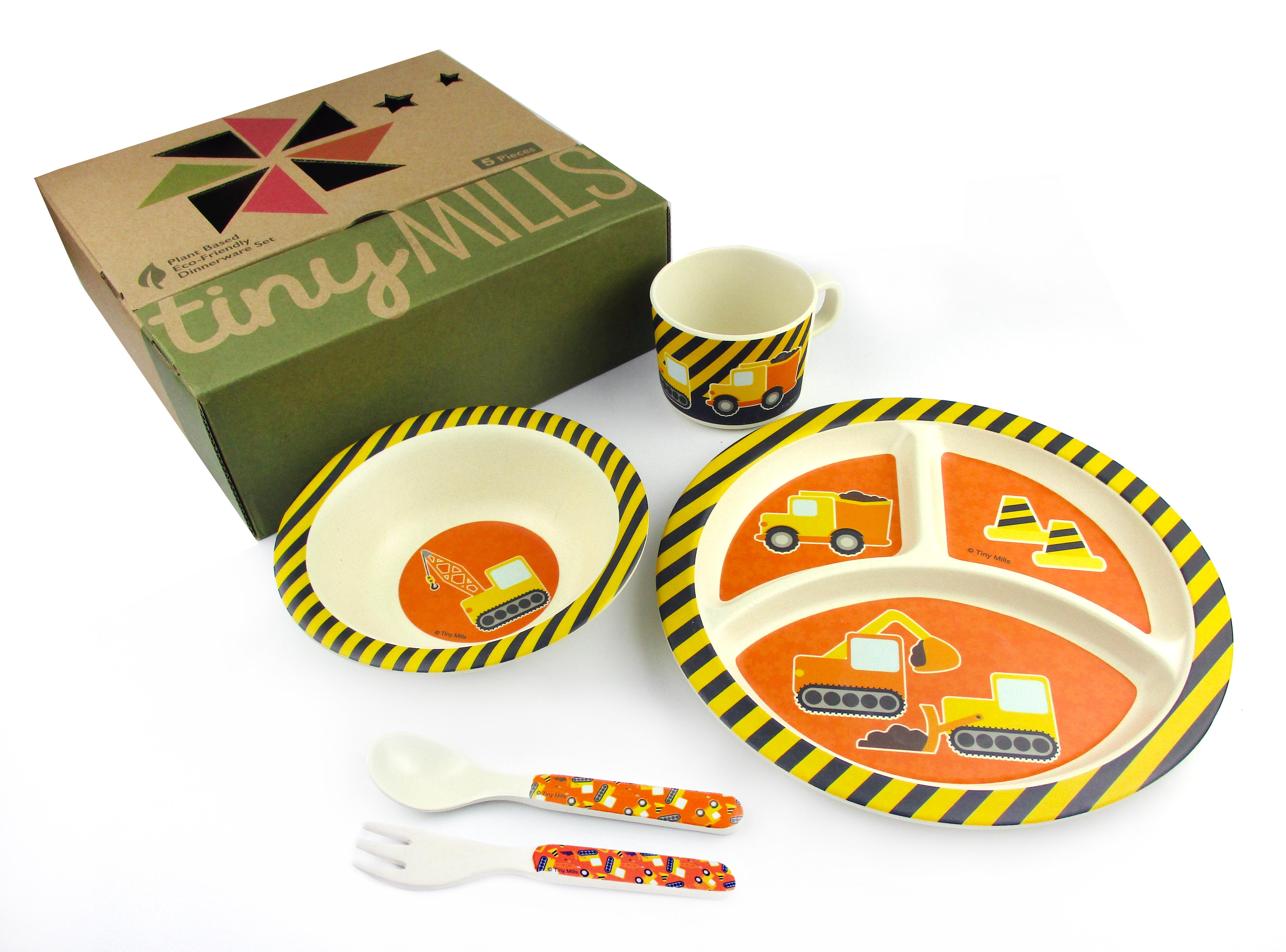 Tinymills 5-piece Eco-friendly Plant Fiber Dinnerware Set With Construction Trucks Design