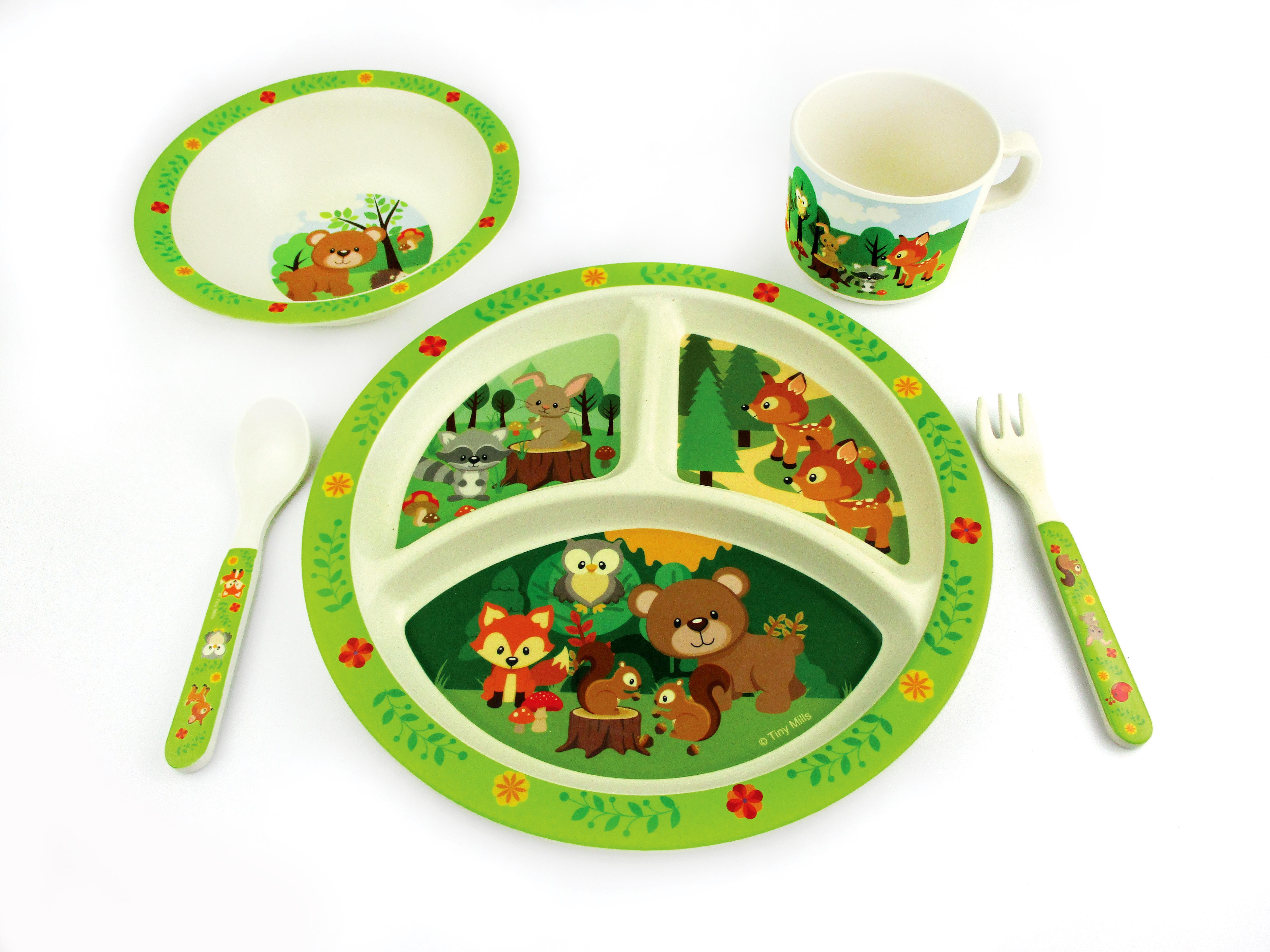 Tinymills 5-piece Eco-friendly Plant Fiber Dinnerware Set With Woodland Animal Design