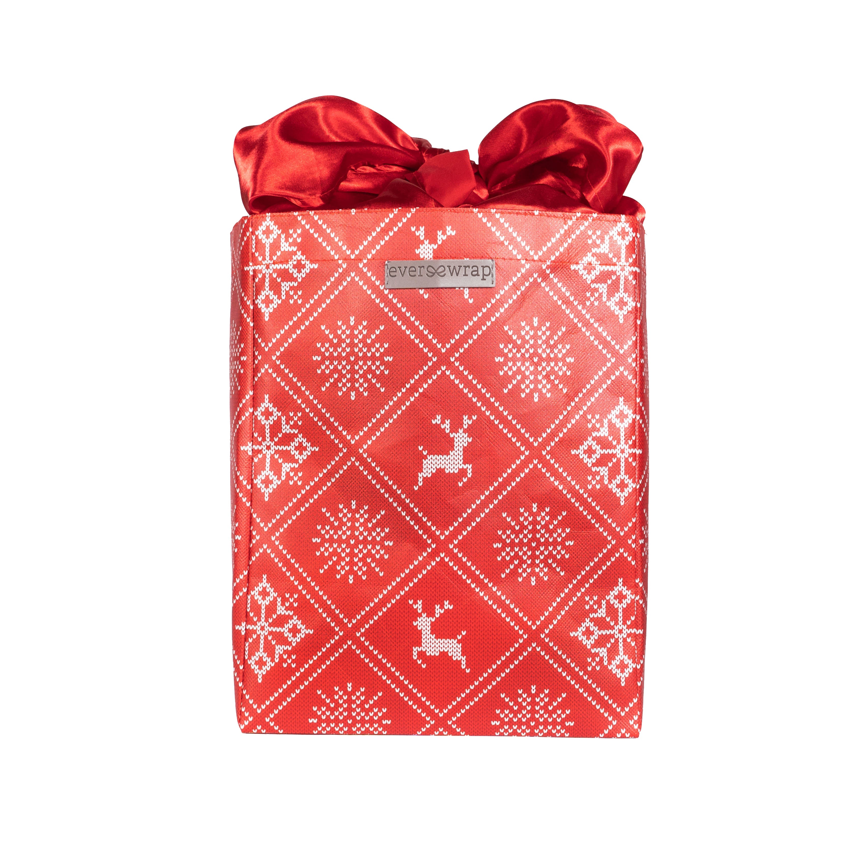 Everbag: Medium Holiday Red With Wintry Knitted Sweater Design And Red Satin Bow Closure