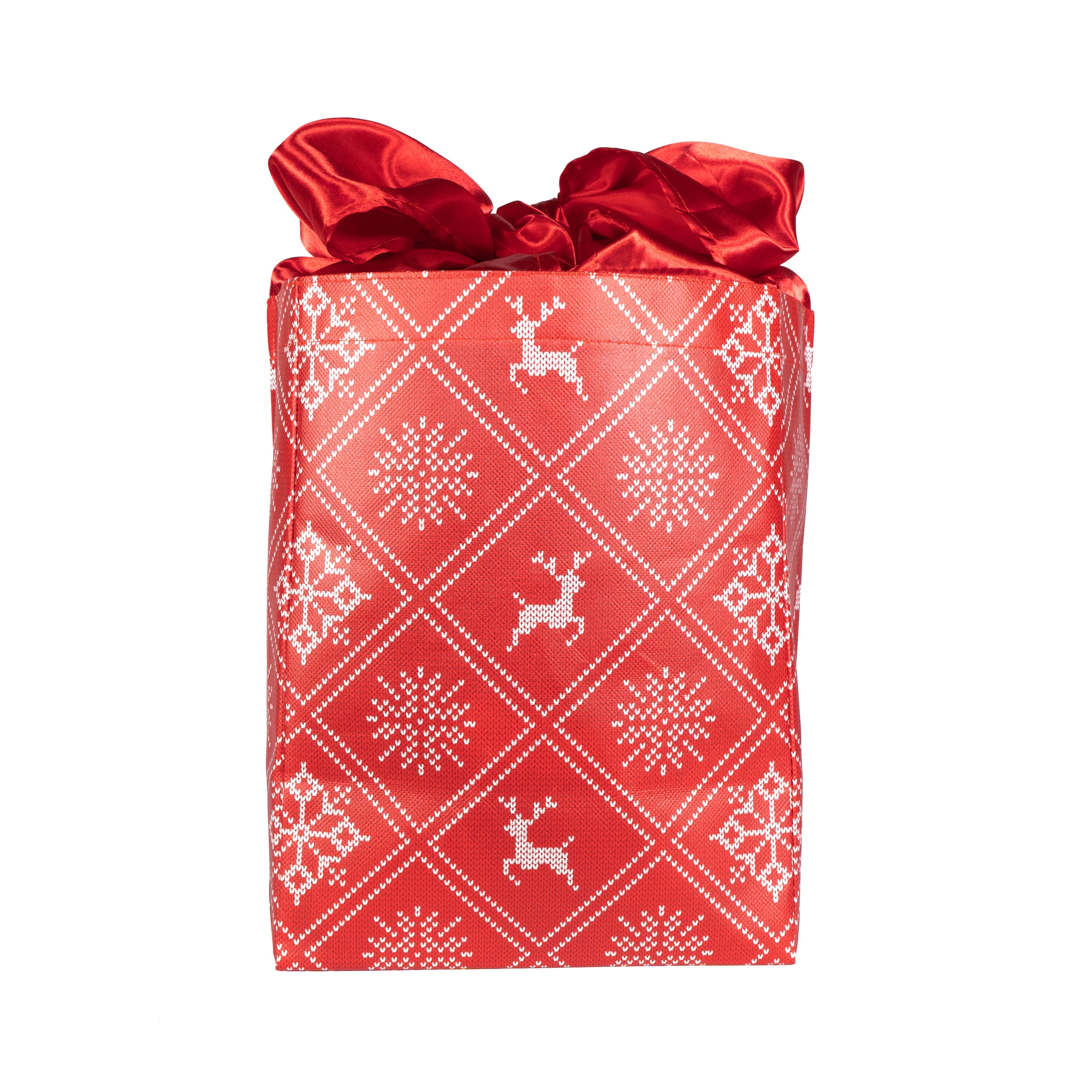 Everbag: Medium Holiday Red With Wintry Knitted Sweater Design And Red Satin Bow Closure
