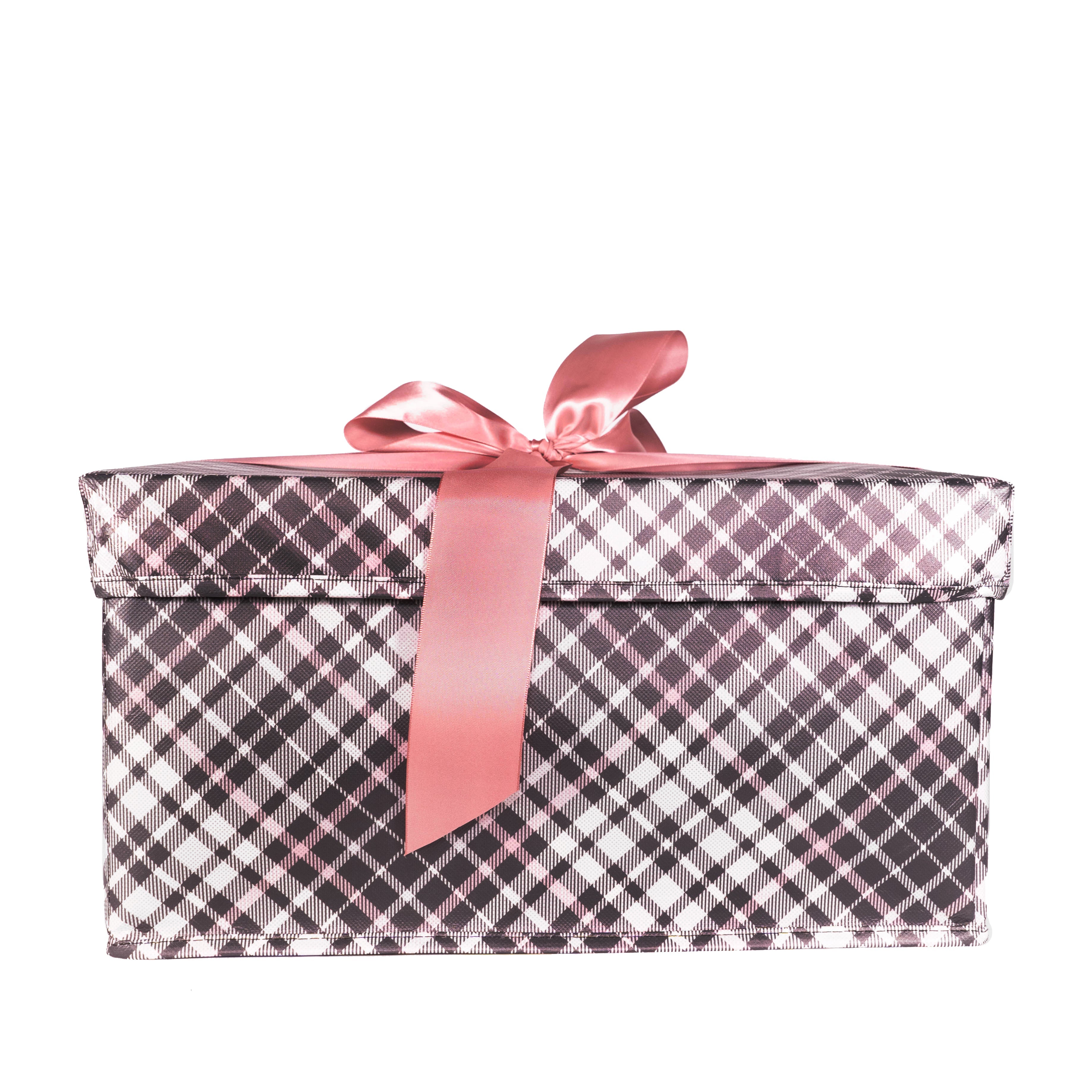 Everbox: Large Pink Plaid Collapsible Gift Box With White Satin Ribbon
