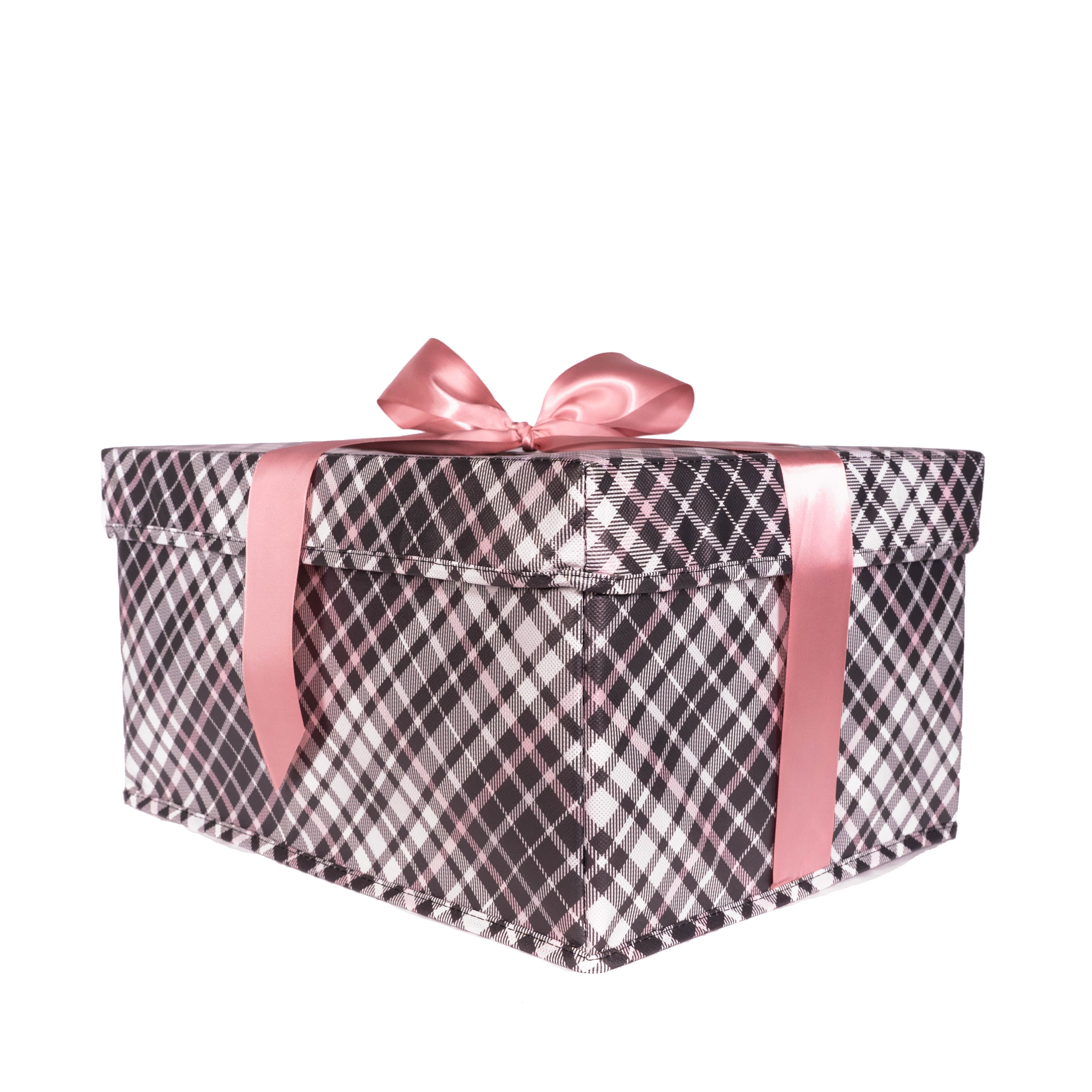 Everbox: Large Pink Plaid Collapsible Gift Box With White Satin Ribbon