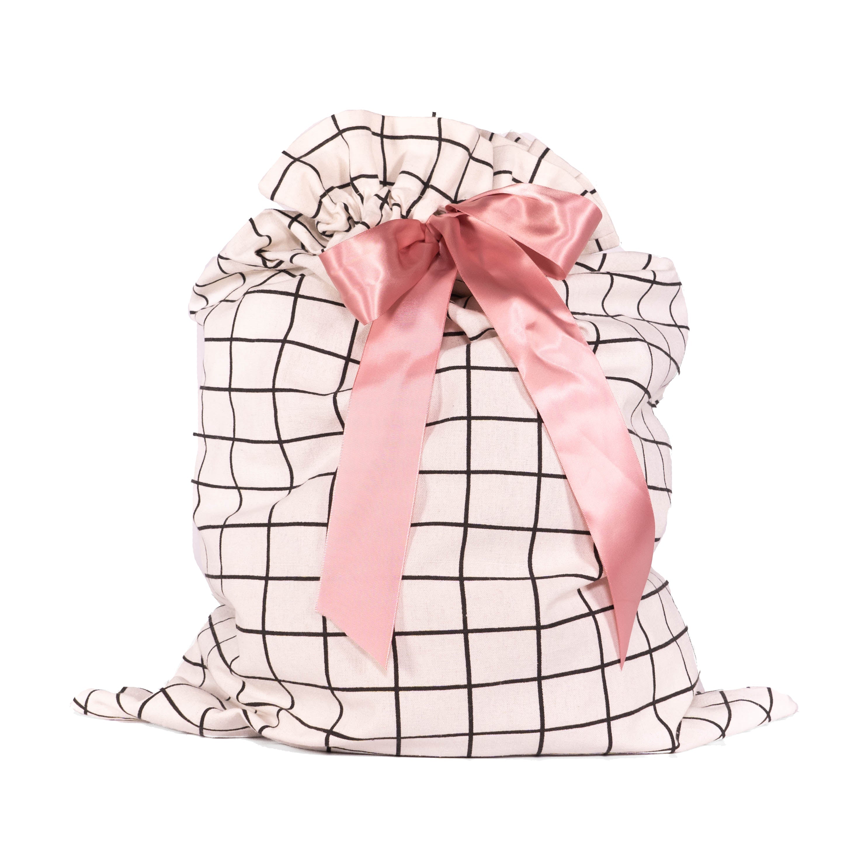 Evertie: Large Tie Bag With Black Grid Pattern And Satin Ribbon Closure