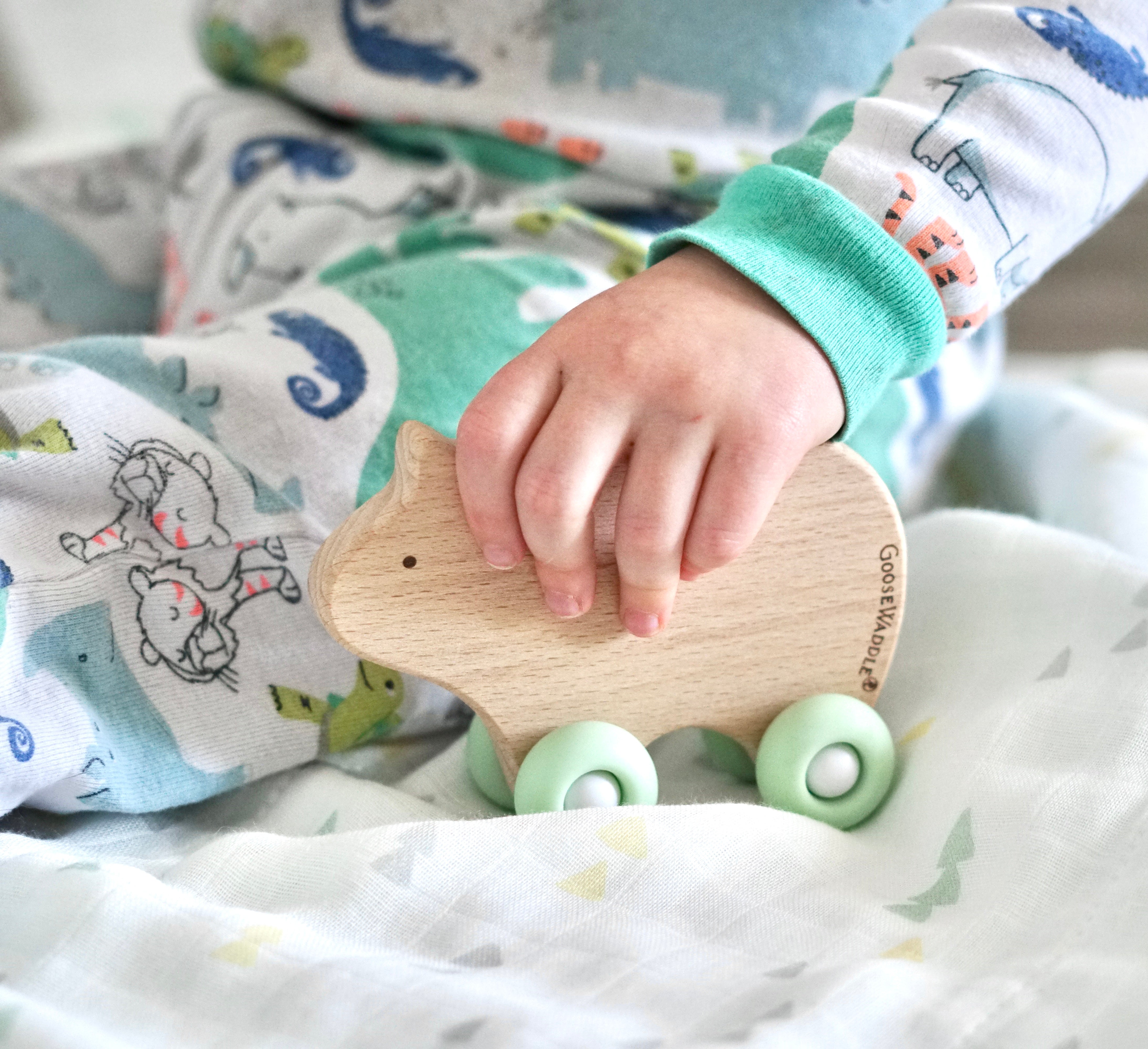 Mint Bear Silicone + Wood Teether With Wheels