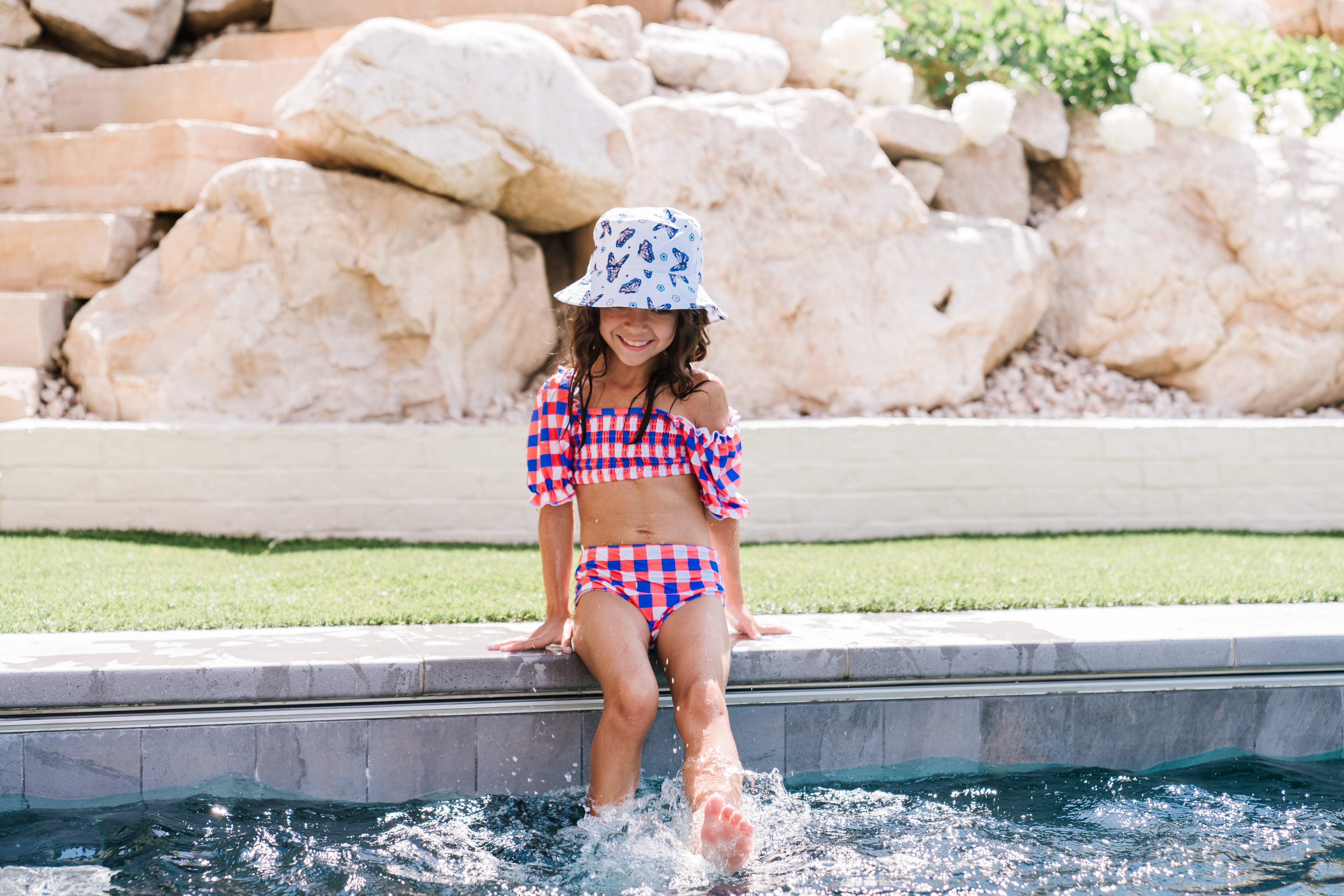 Red, White & Truman Dream Off The Shoulder Swim Suit