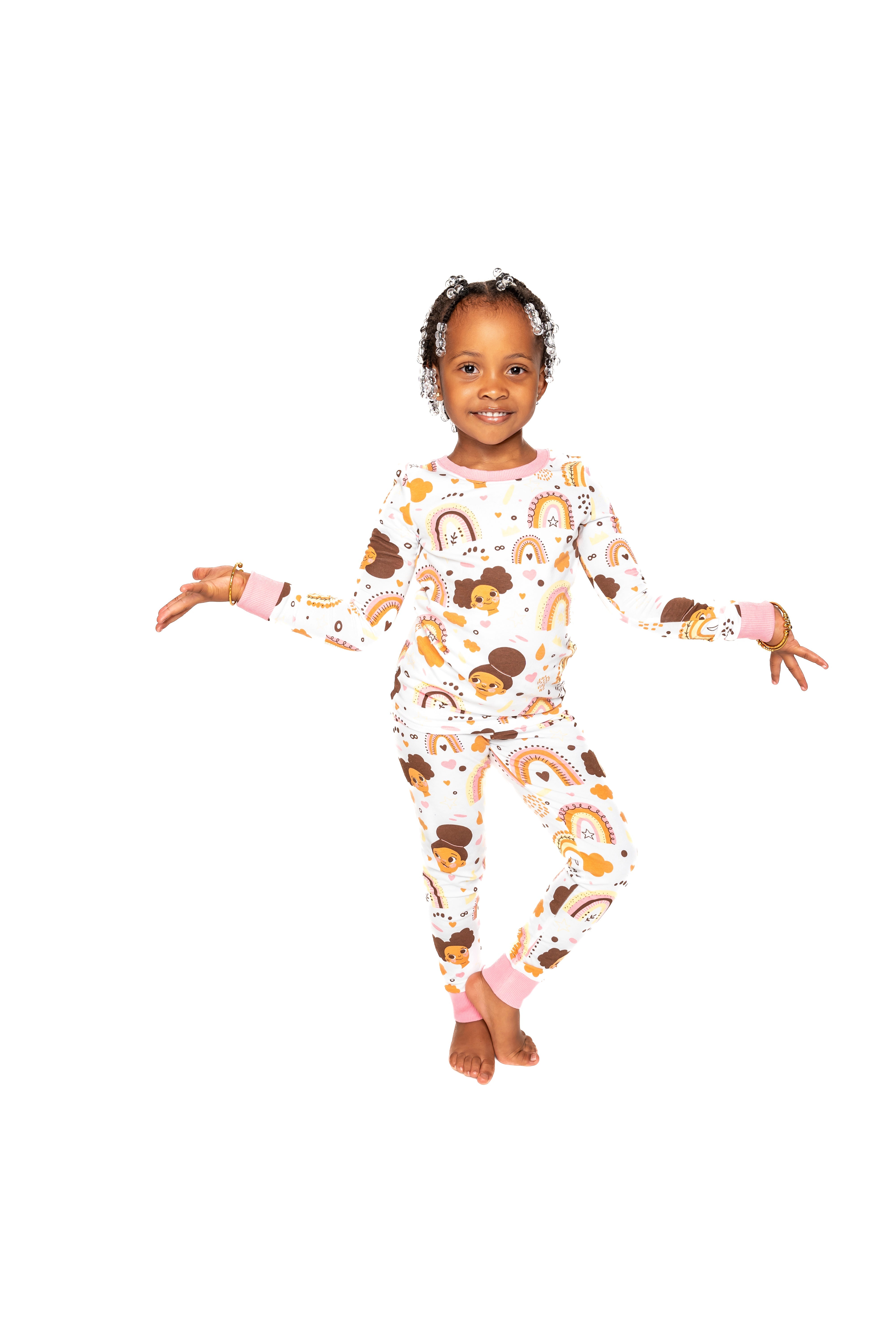 Afros And Rainbows Boho Snug Fit Pajamas Set Girls Toddler Size 4t - 12