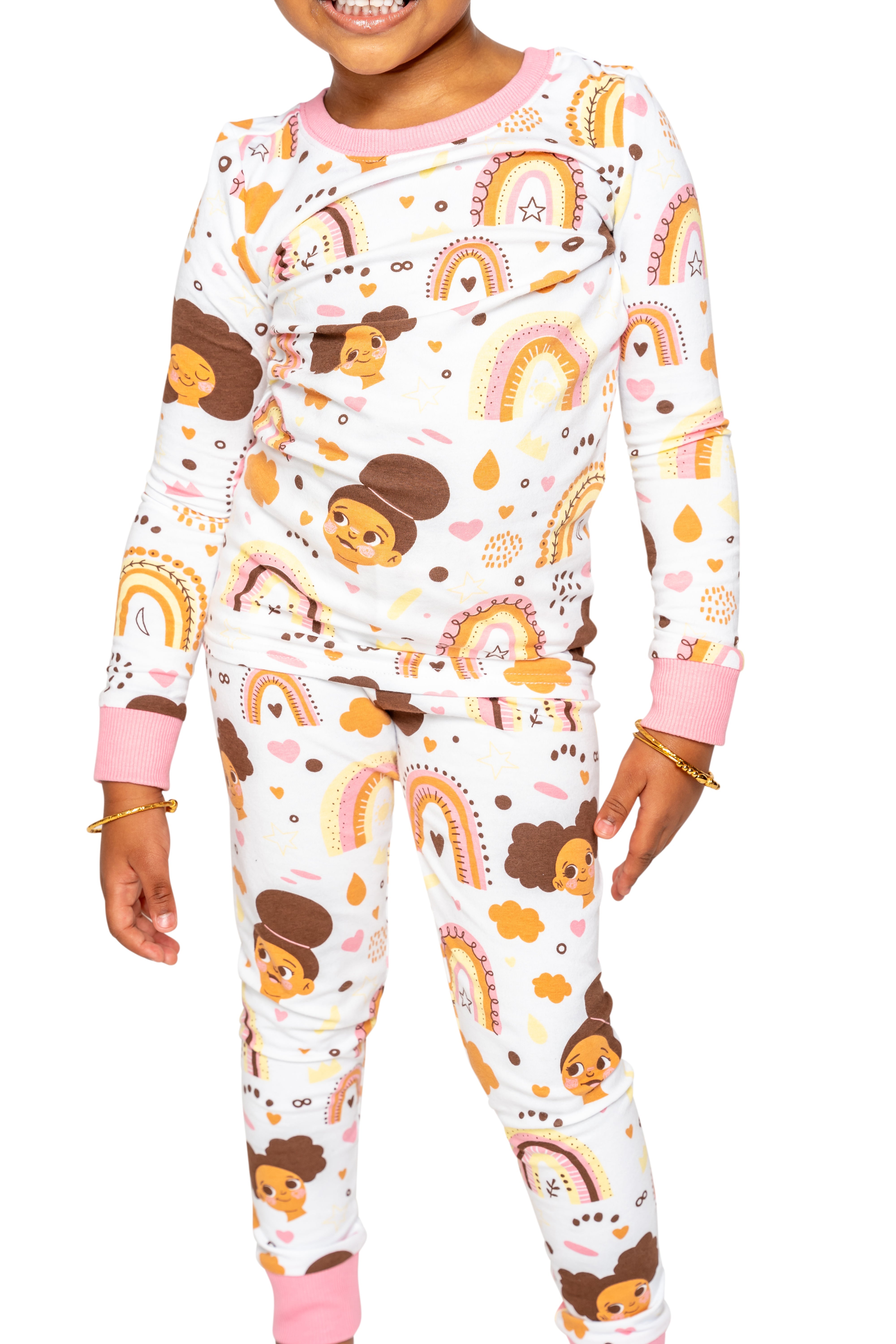 Afros And Rainbows Boho Snug Fit Pajamas Set Girls Toddler Size 4t - 12
