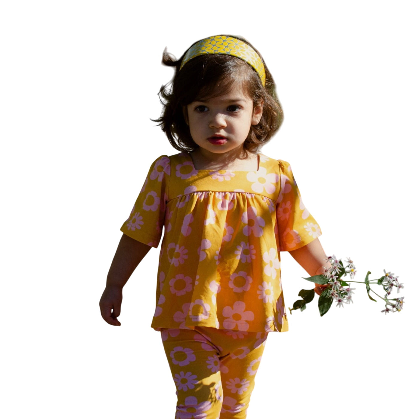 Retro Mustard Daisy Bell Sleeve Top For Baby Toddler And Girls
